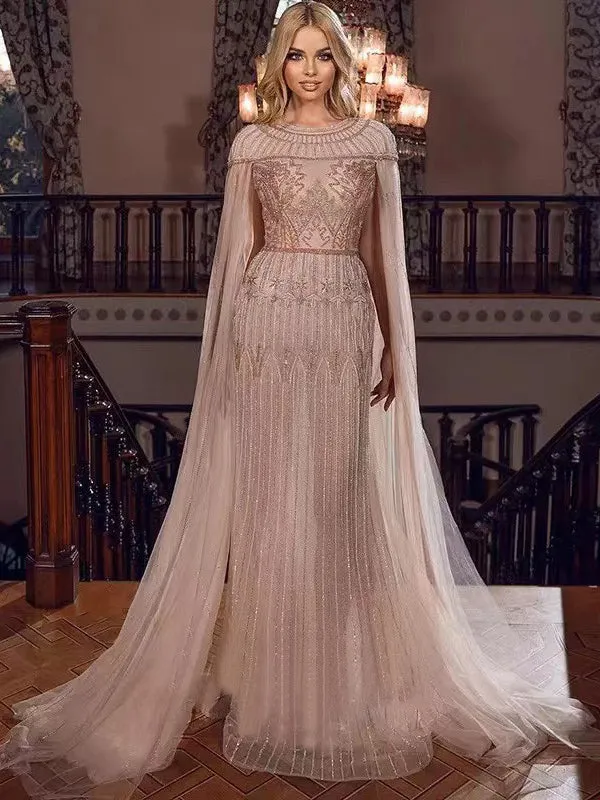 luxurious Mermaid Scoop Pink Prom Dress Beaded Evening Dresses GKF012