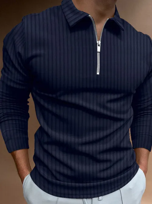 Men's solid color zipper striped long-sleeved POLO shirt