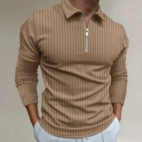 Men's solid color zipper striped long-sleeved POLO shirt