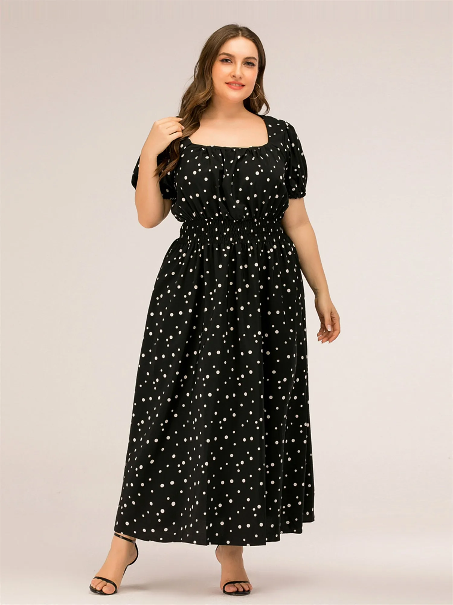 Midsize Square Neck Slimming Polka Dots Maxi Dress