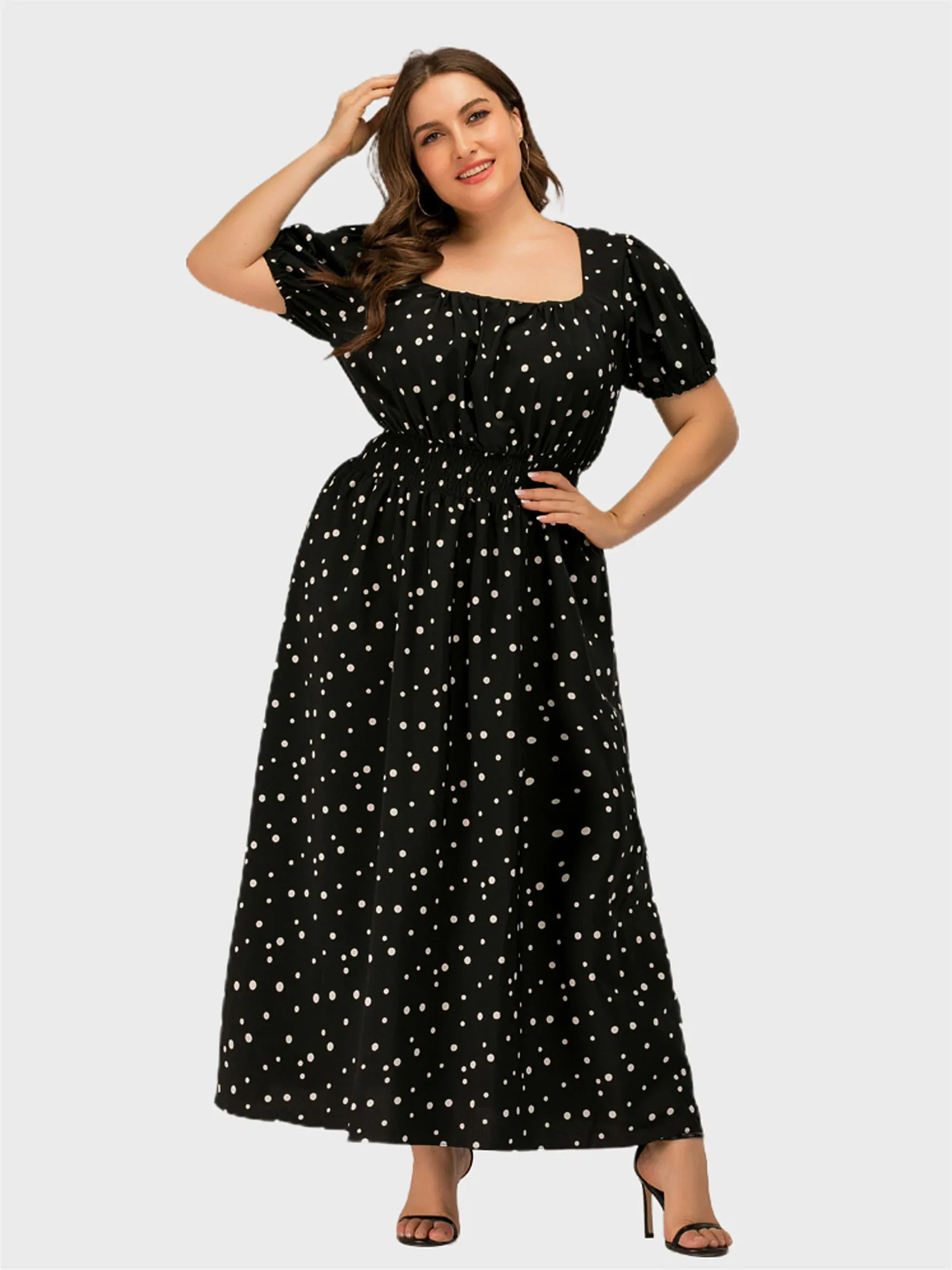 Midsize Square Neck Slimming Polka Dots Maxi Dress