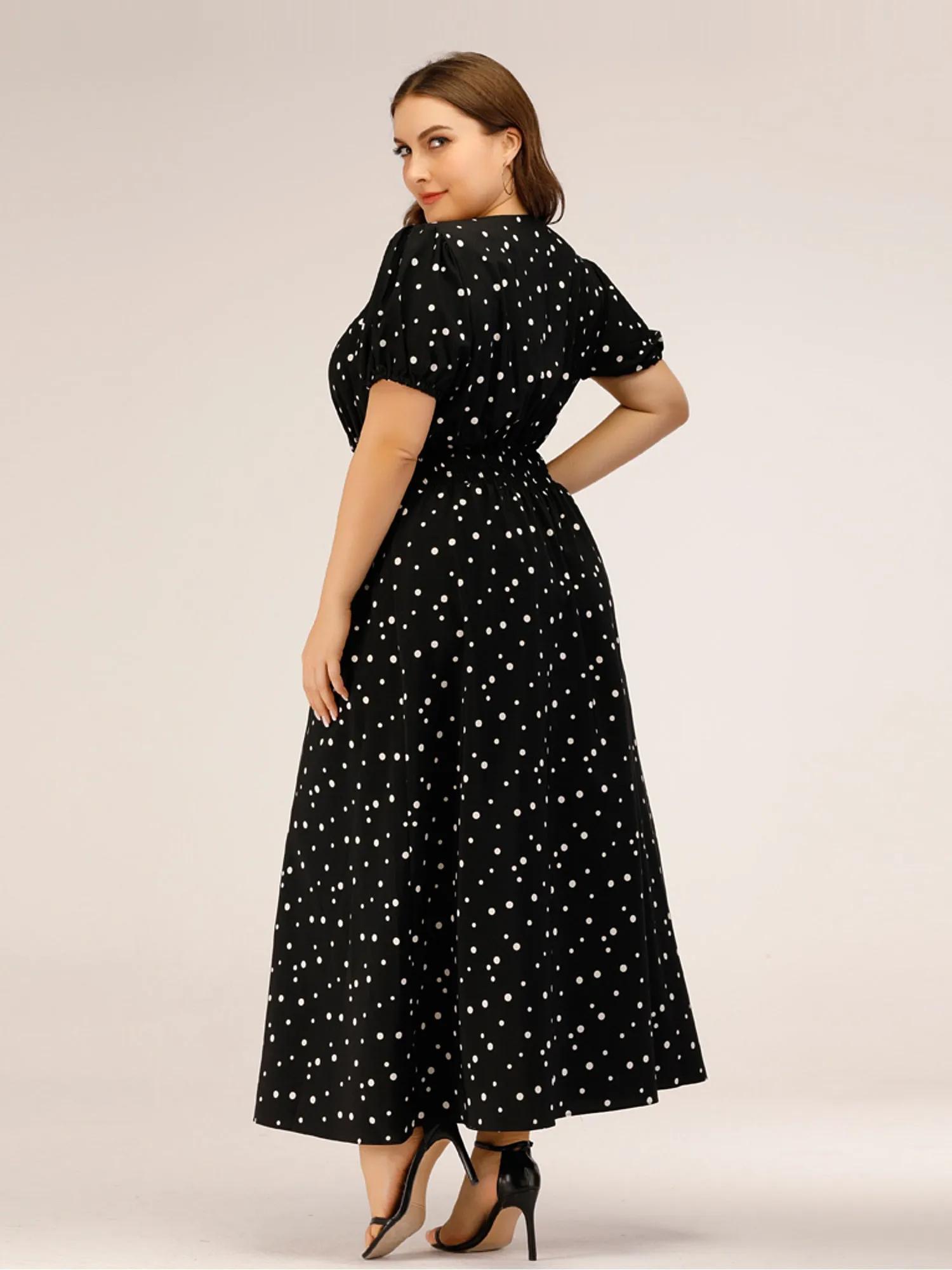 Midsize Square Neck Slimming Polka Dots Maxi Dress