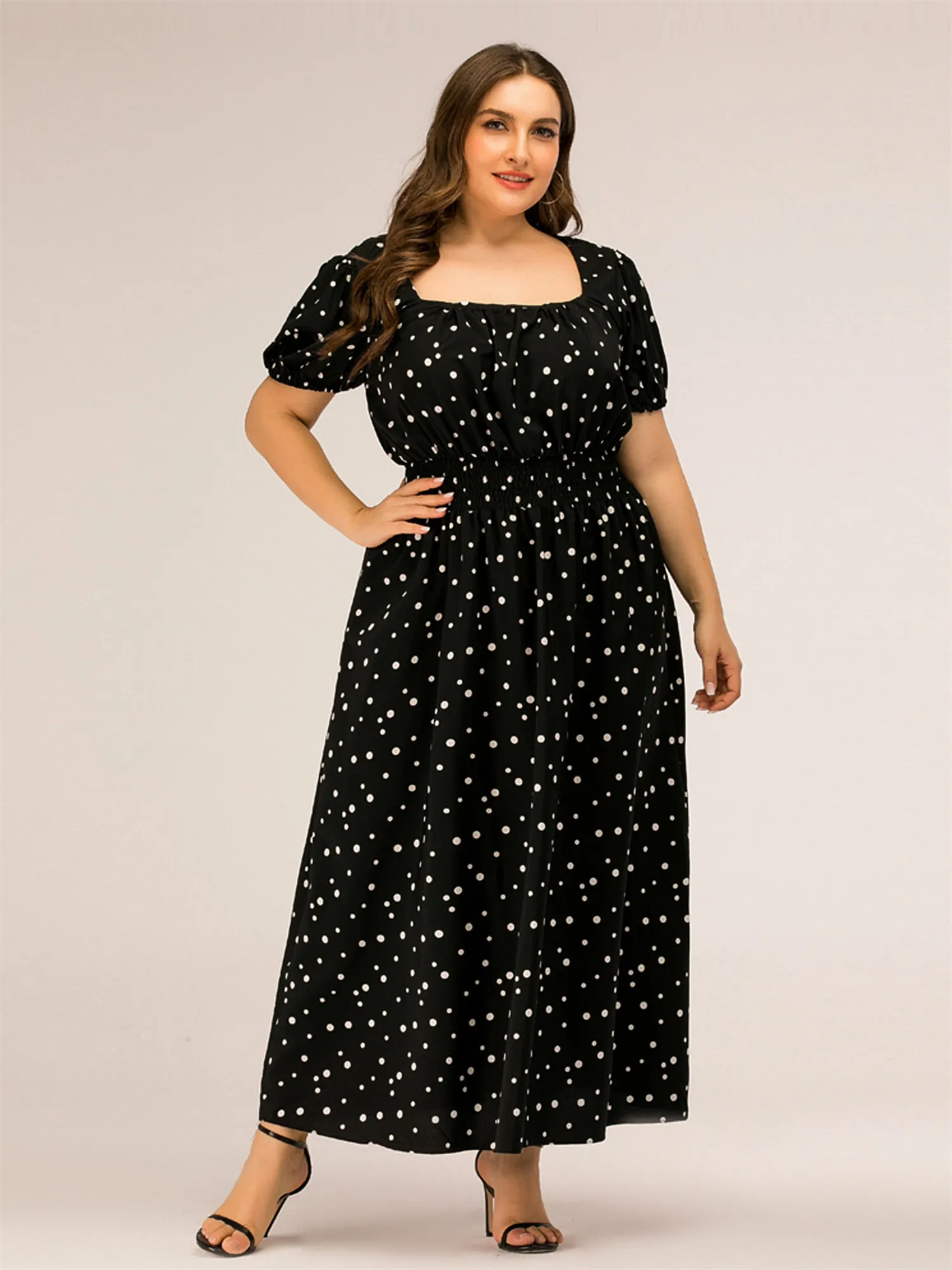 Midsize Square Neck Slimming Polka Dots Maxi Dress