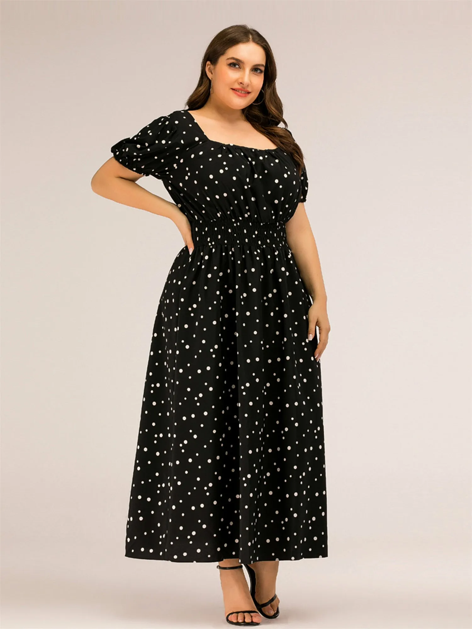 Midsize Square Neck Slimming Polka Dots Maxi Dress