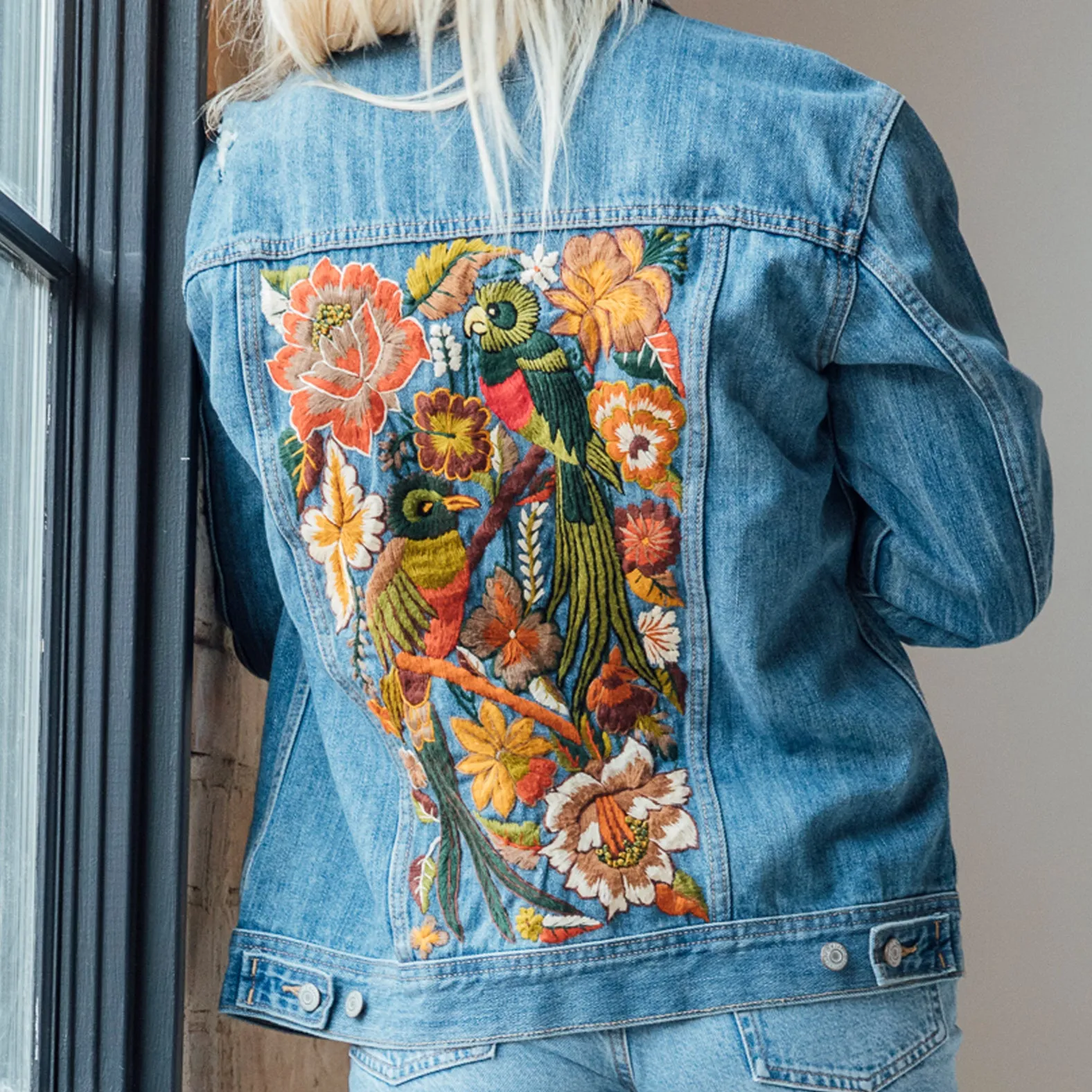 MK22506 - Embroidered Denim Jacket Acid Gray - Hooded