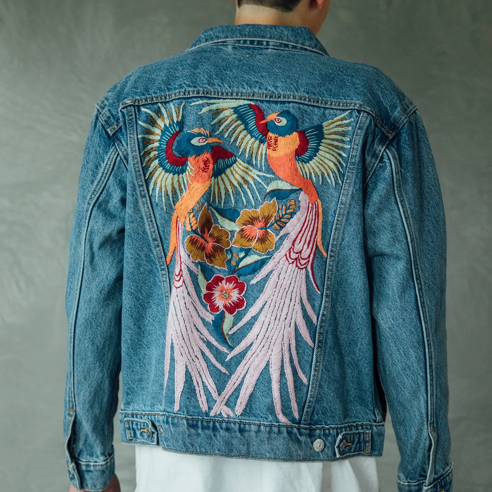 MK22506 - Embroidered Denim Jacket Acid Gray - Hooded