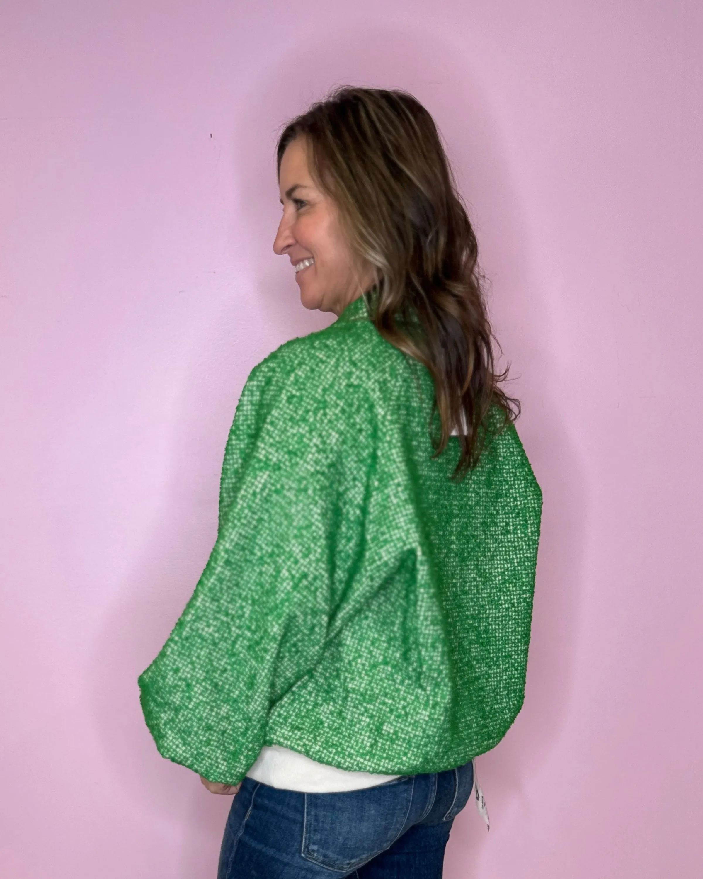 Nice List Green Tweed Balloon Sleeve Top