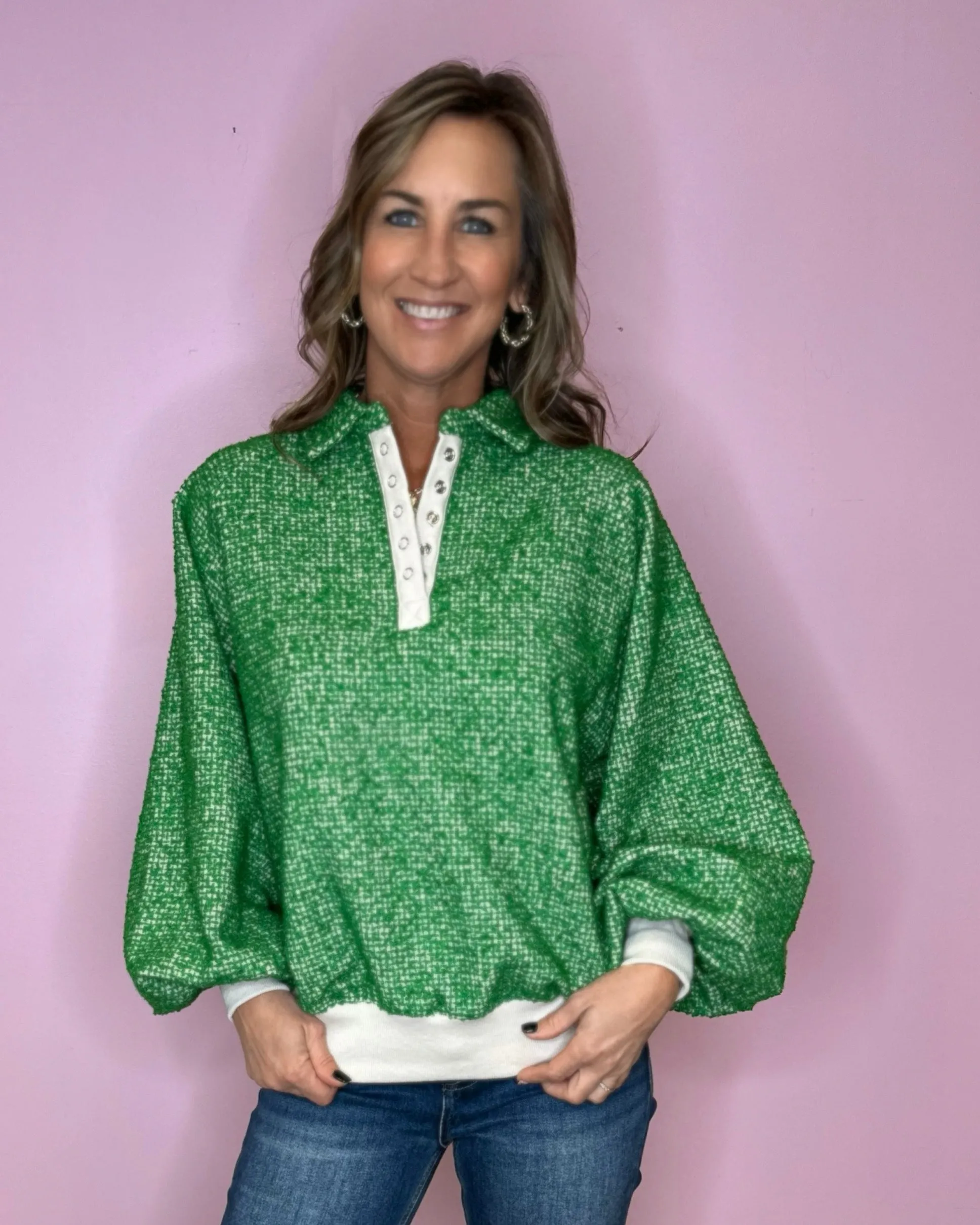 Nice List Green Tweed Balloon Sleeve Top