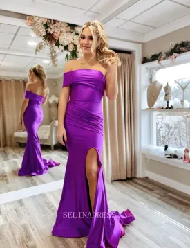 One Shoulder Mermaid Regency Long Prom Dress Satin Ruffles Formal Dresses KPY019
