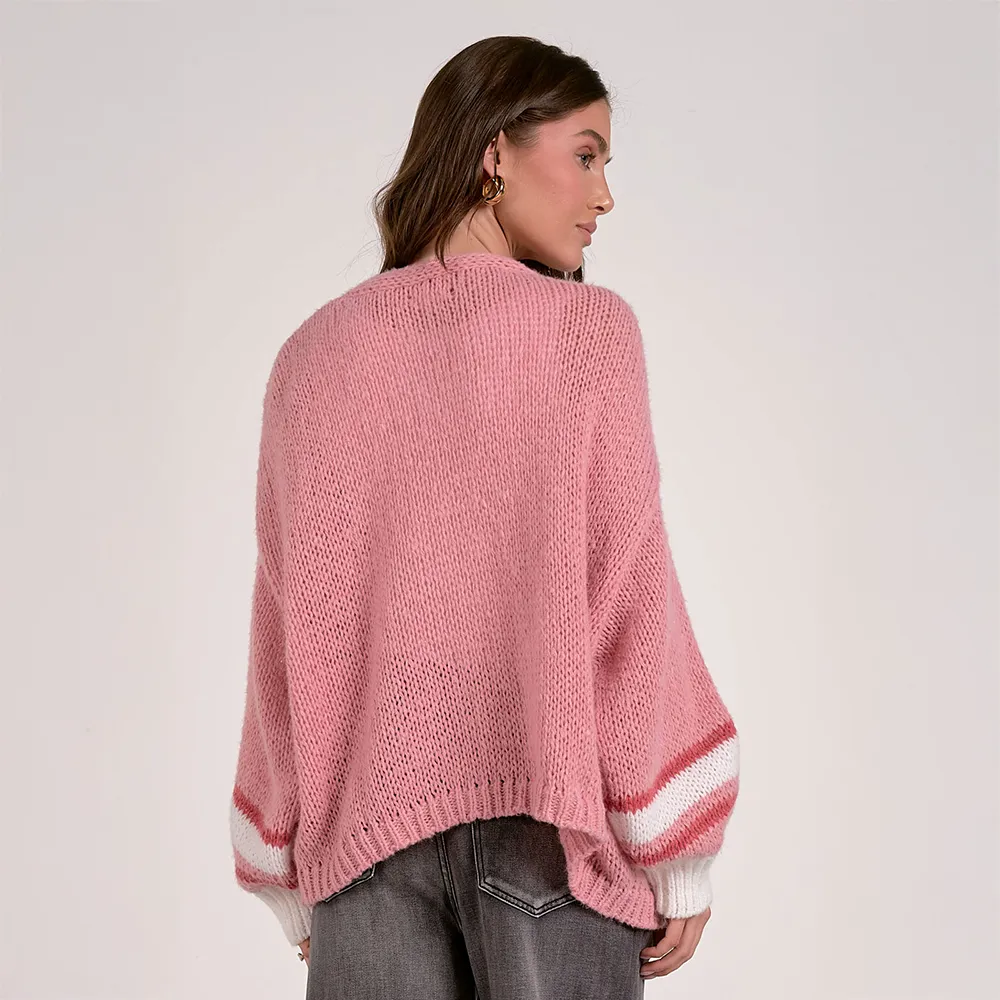 Open Front Bubble Sleeve Cardigan Pink
