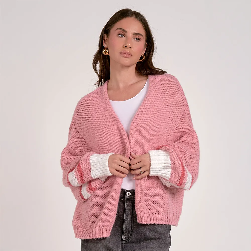 Open Front Bubble Sleeve Cardigan Pink