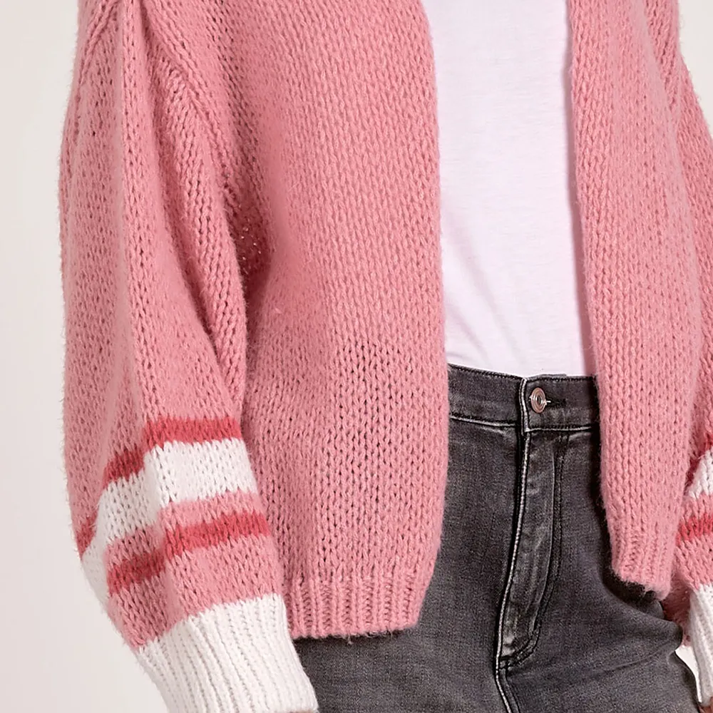Open Front Bubble Sleeve Cardigan Pink