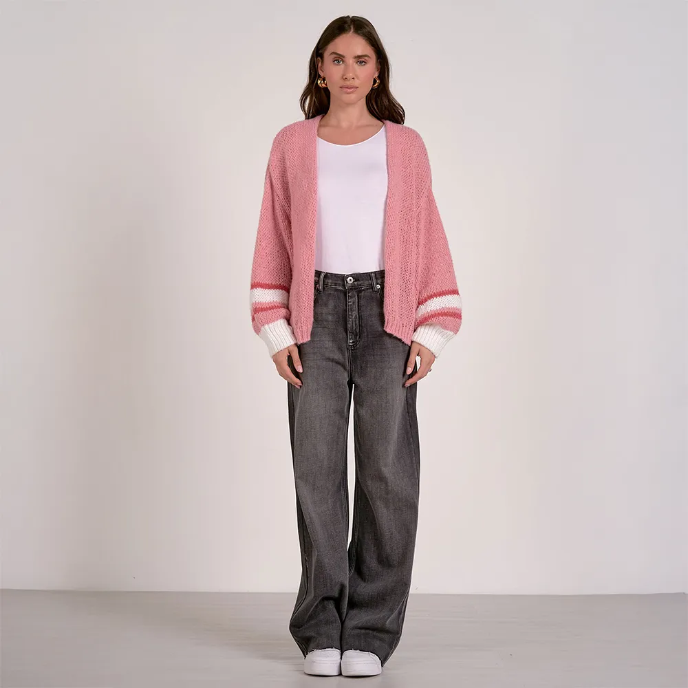 Open Front Bubble Sleeve Cardigan Pink