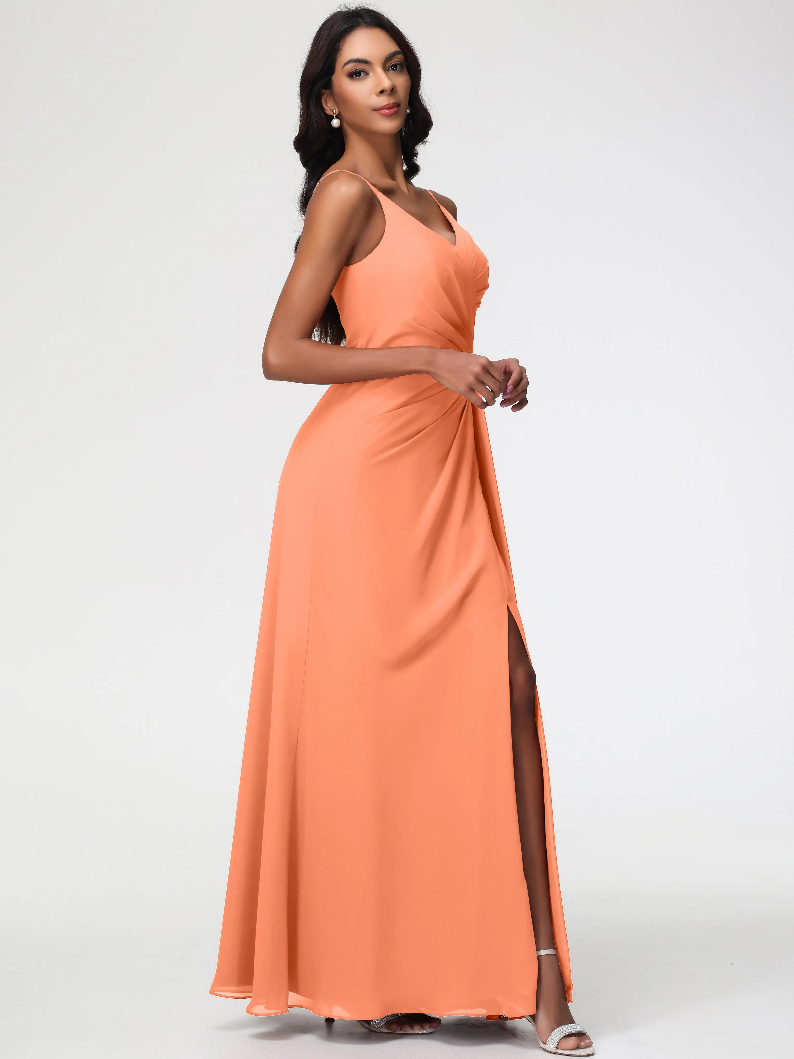 Papaya Bridesmaid Dress A-Line V-Neck Spaghetti Straps Ruched Chiffon Bridesmaid Dresses With Slit