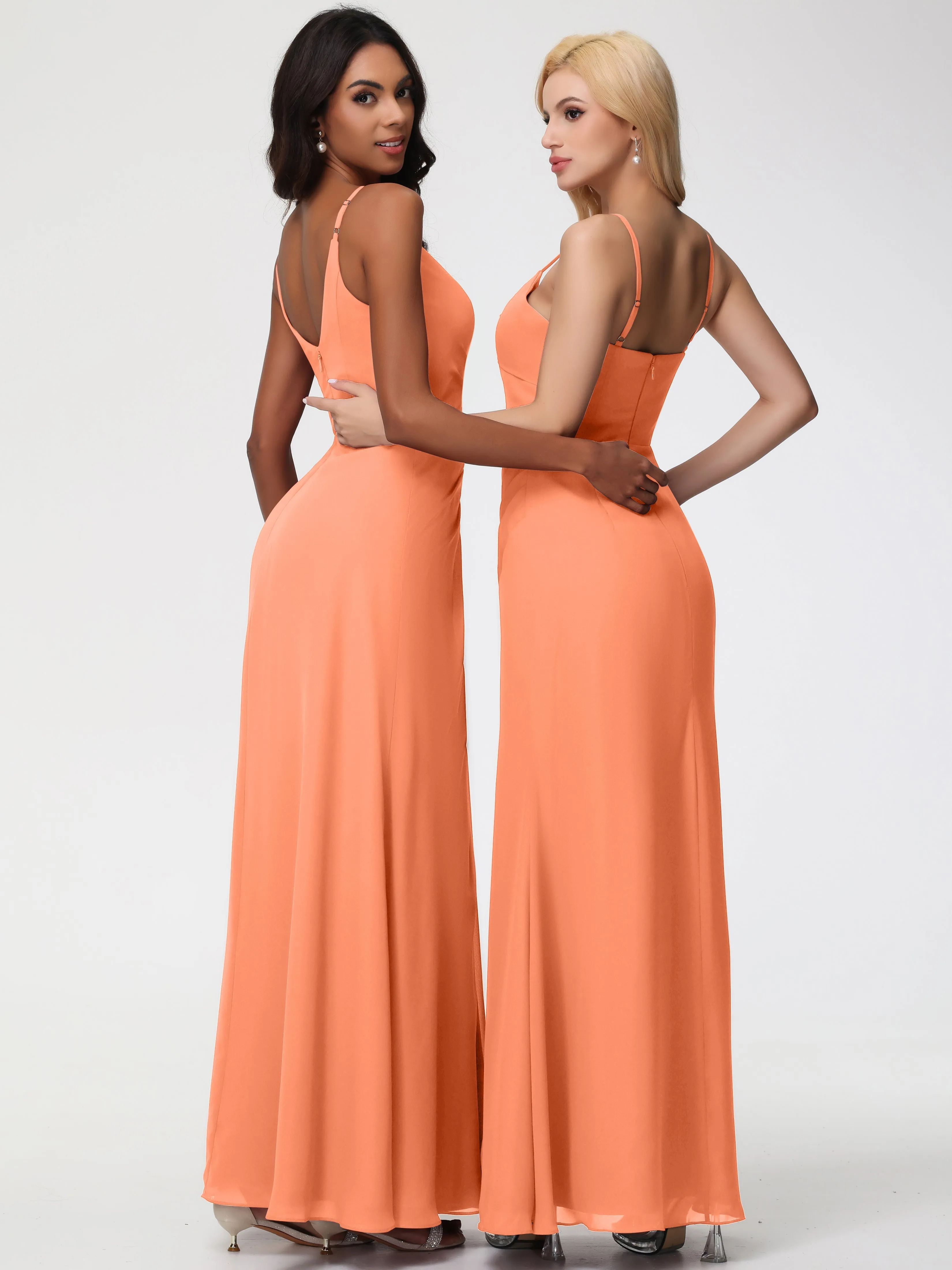 Papaya Bridesmaid Dress A-Line V-Neck Spaghetti Straps Ruched Chiffon Bridesmaid Dresses With Slit