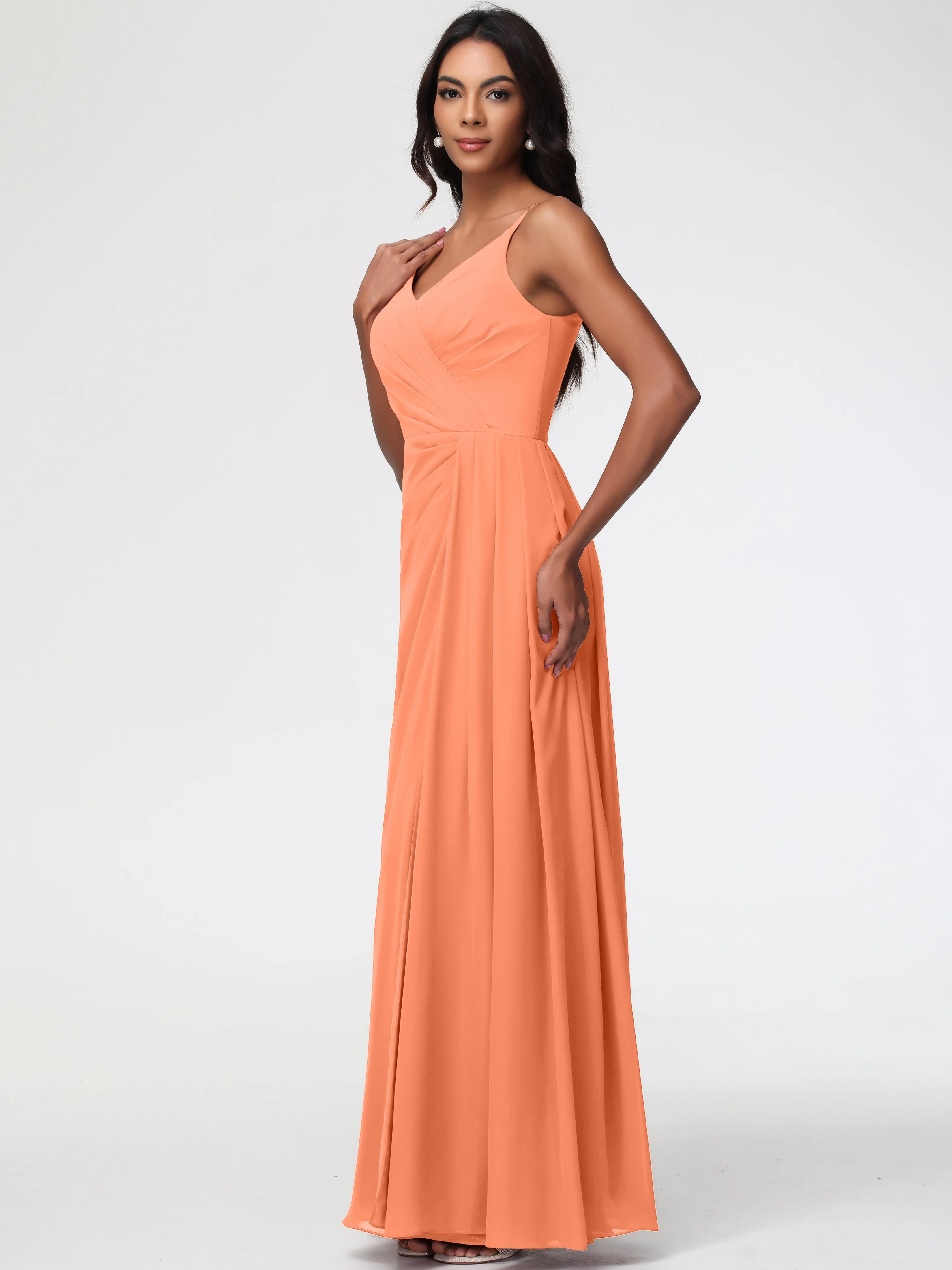 Papaya Bridesmaid Dress A-Line V-Neck Spaghetti Straps Ruched Chiffon Bridesmaid Dresses With Slit