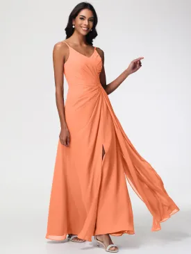 Papaya Bridesmaid Dress A-Line V-Neck Spaghetti Straps Ruched Chiffon Bridesmaid Dresses With Slit