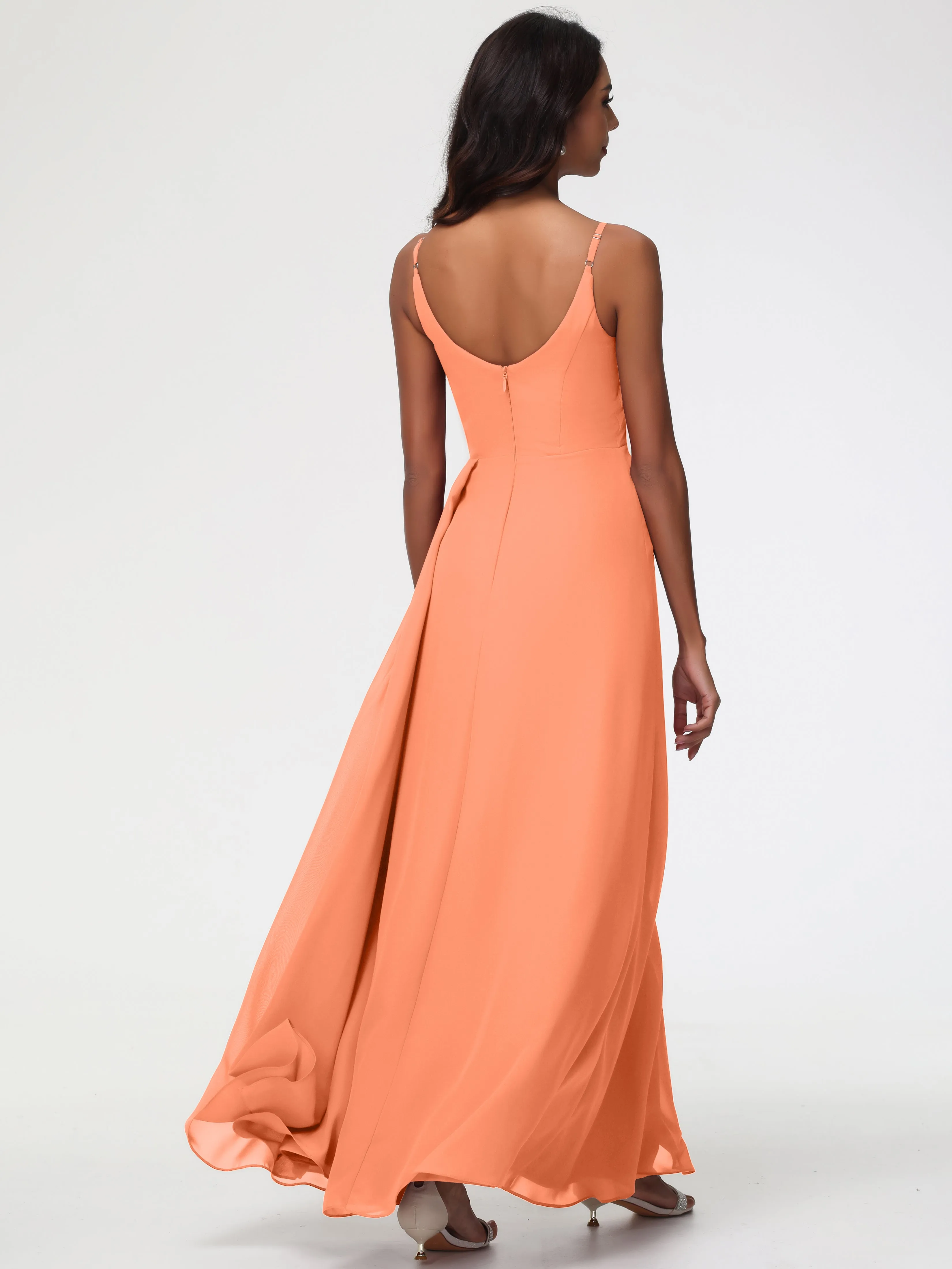 Papaya Bridesmaid Dress A-Line V-Neck Spaghetti Straps Ruched Chiffon Bridesmaid Dresses With Slit