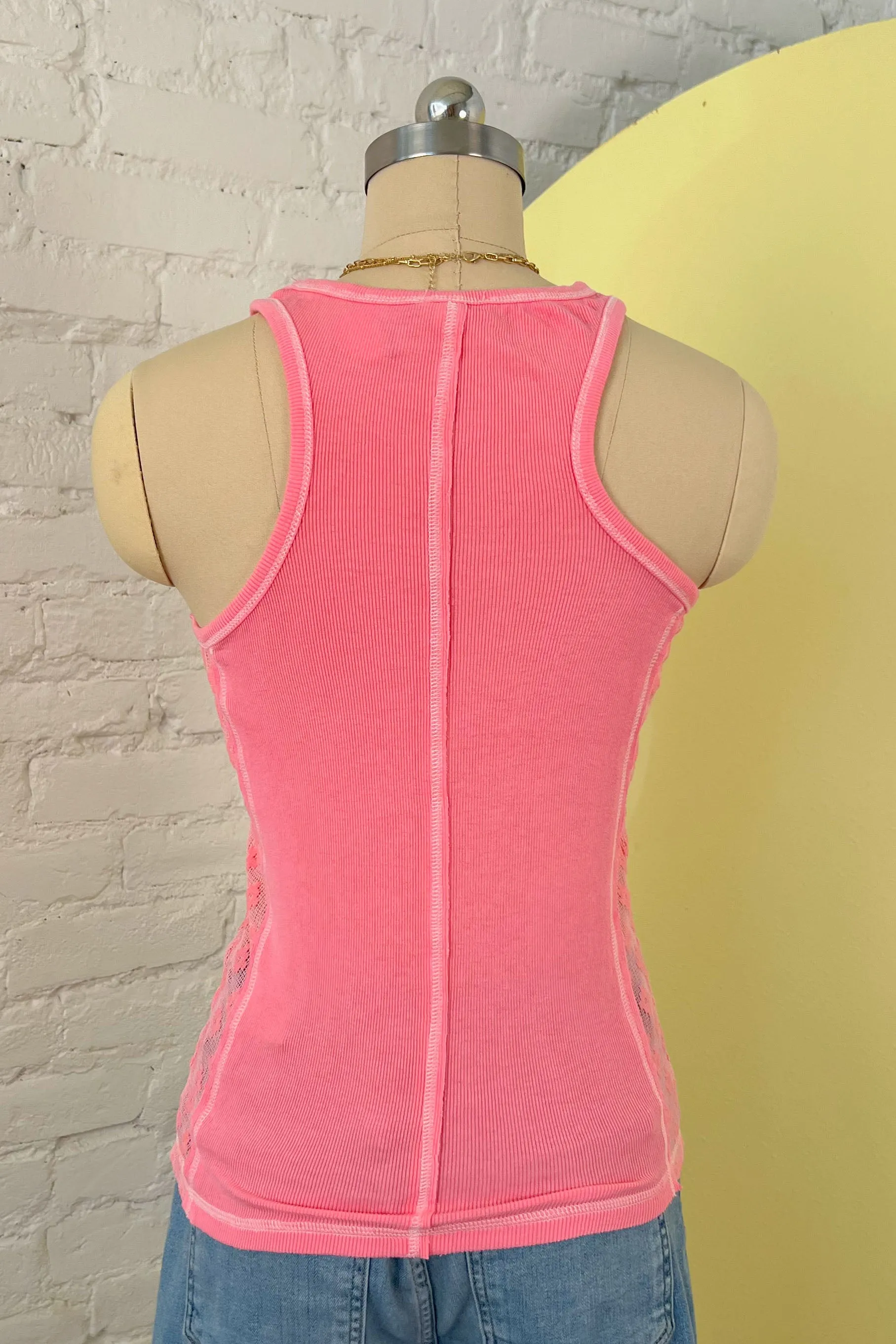 POL Punch Pink Lace Contrast Halter Tank