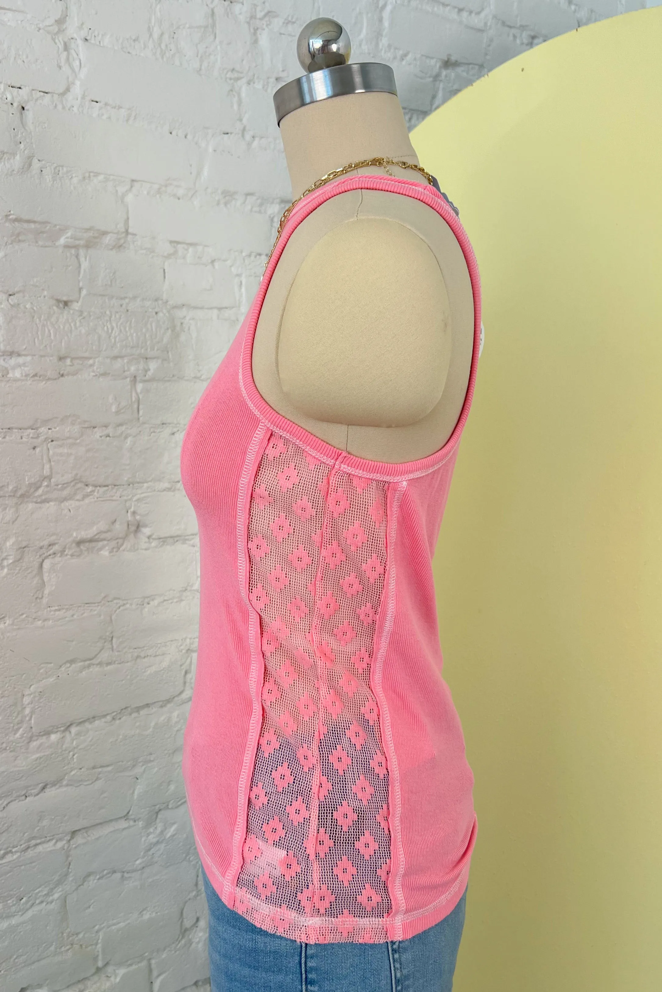 POL Punch Pink Lace Contrast Halter Tank