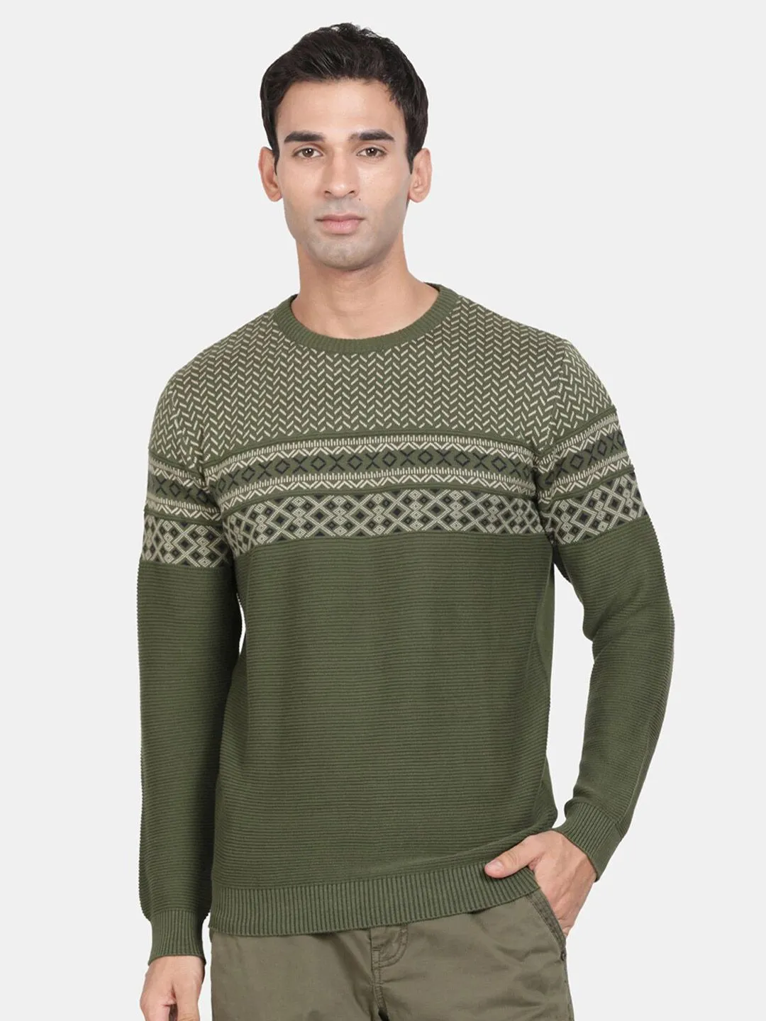 Round Neck Olive Full Sleeve Pullover