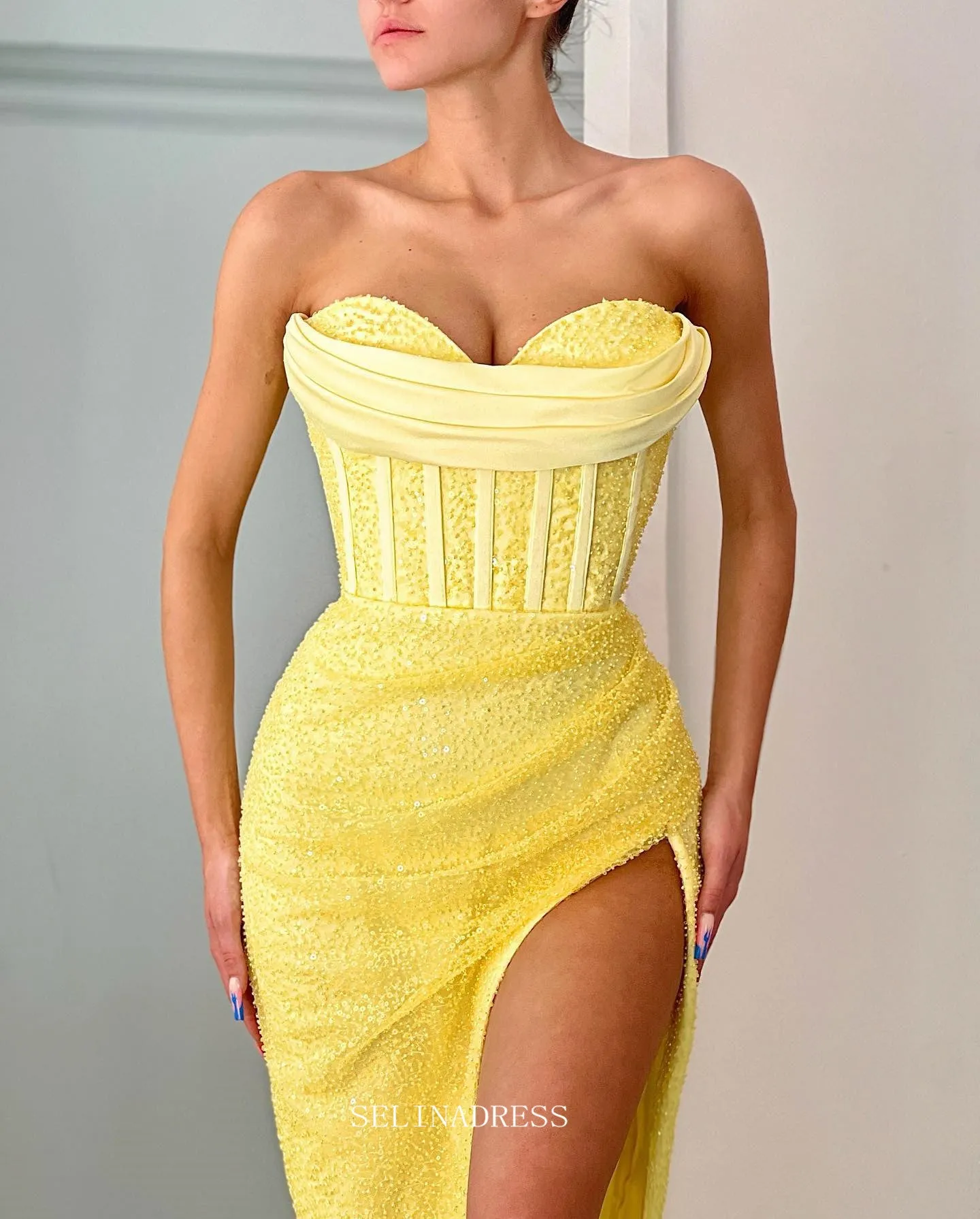 Sheath/Column Sweetheart African Long Prom Dress Yellow Sequins Pageant Dress Evening Dress #POL125
