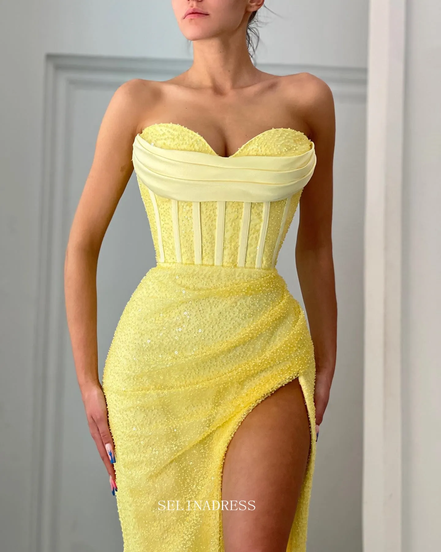 Sheath/Column Sweetheart African Long Prom Dress Yellow Sequins Pageant Dress Evening Dress #POL125