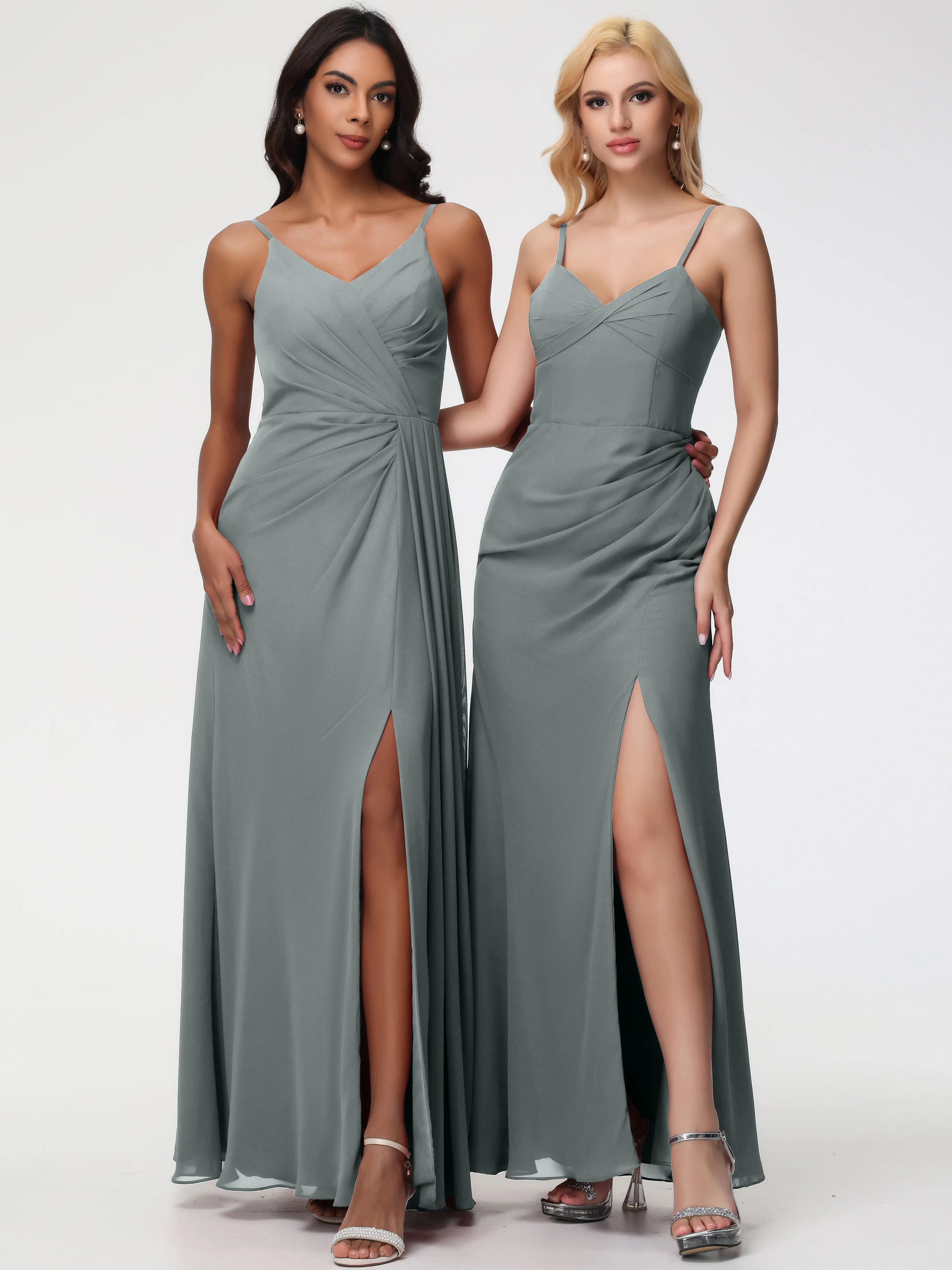 Steel Grey Bridesmaid Dresses A-Line V-Neck Spaghetti Straps Ruched Chiffon Bridesmaid Dresses With Slit