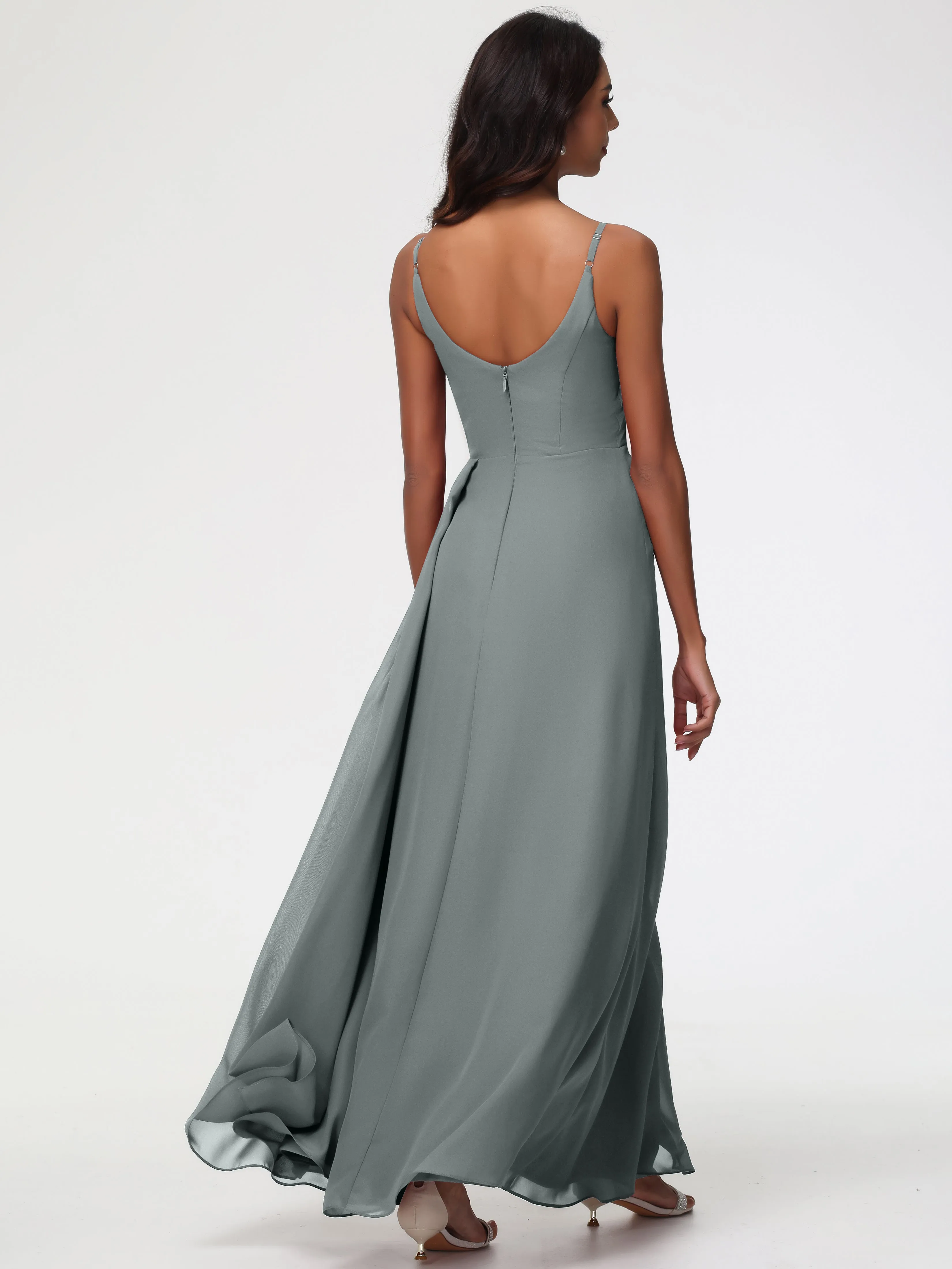 Steel Grey Bridesmaid Dresses A-Line V-Neck Spaghetti Straps Ruched Chiffon Bridesmaid Dresses With Slit