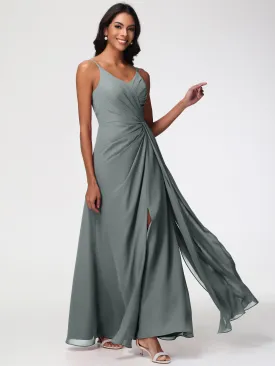 Steel Grey Bridesmaid Dresses A-Line V-Neck Spaghetti Straps Ruched Chiffon Bridesmaid Dresses With Slit