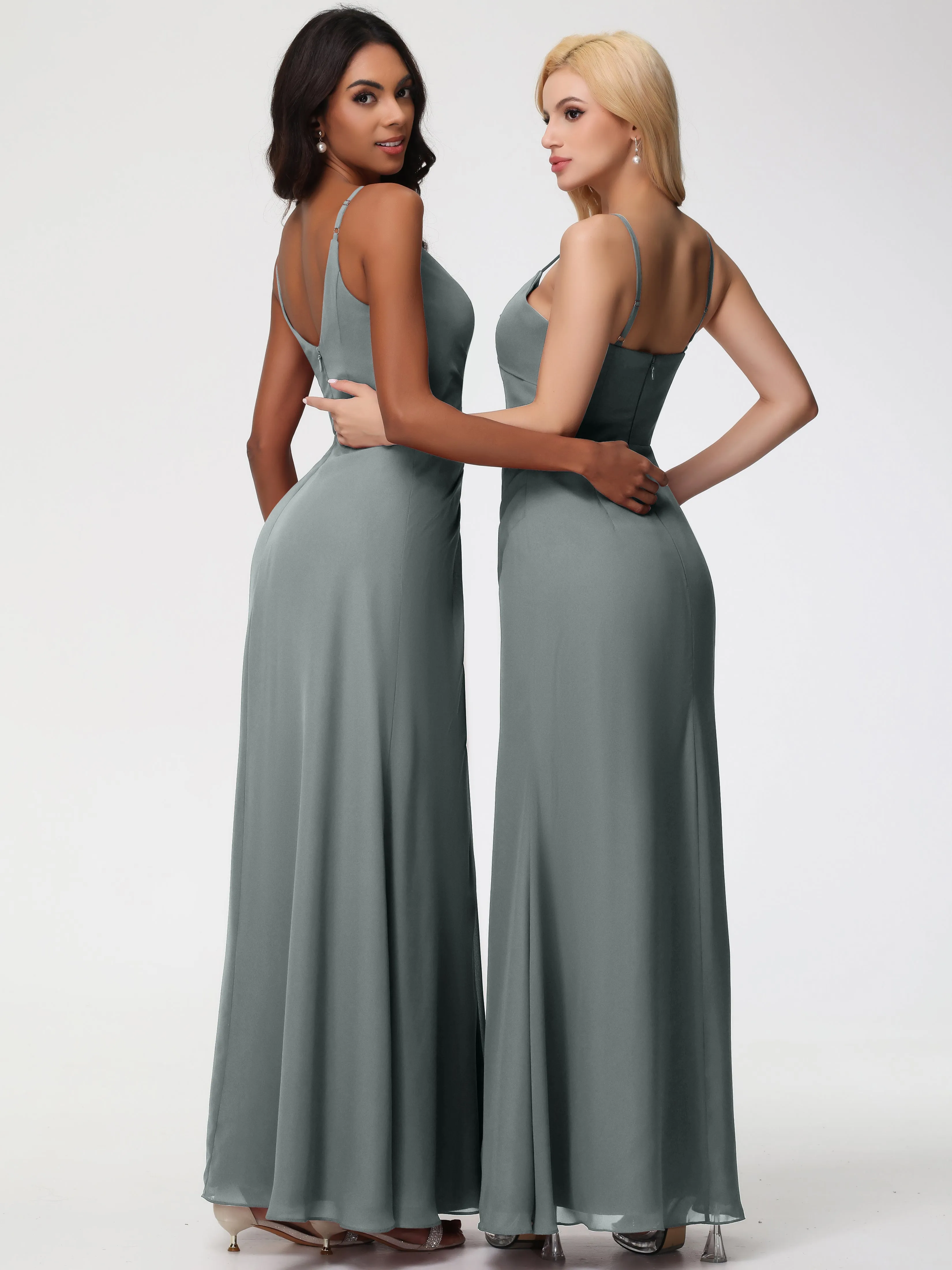 Steel Grey Bridesmaid Dresses A-Line V-Neck Spaghetti Straps Ruched Chiffon Bridesmaid Dresses With Slit