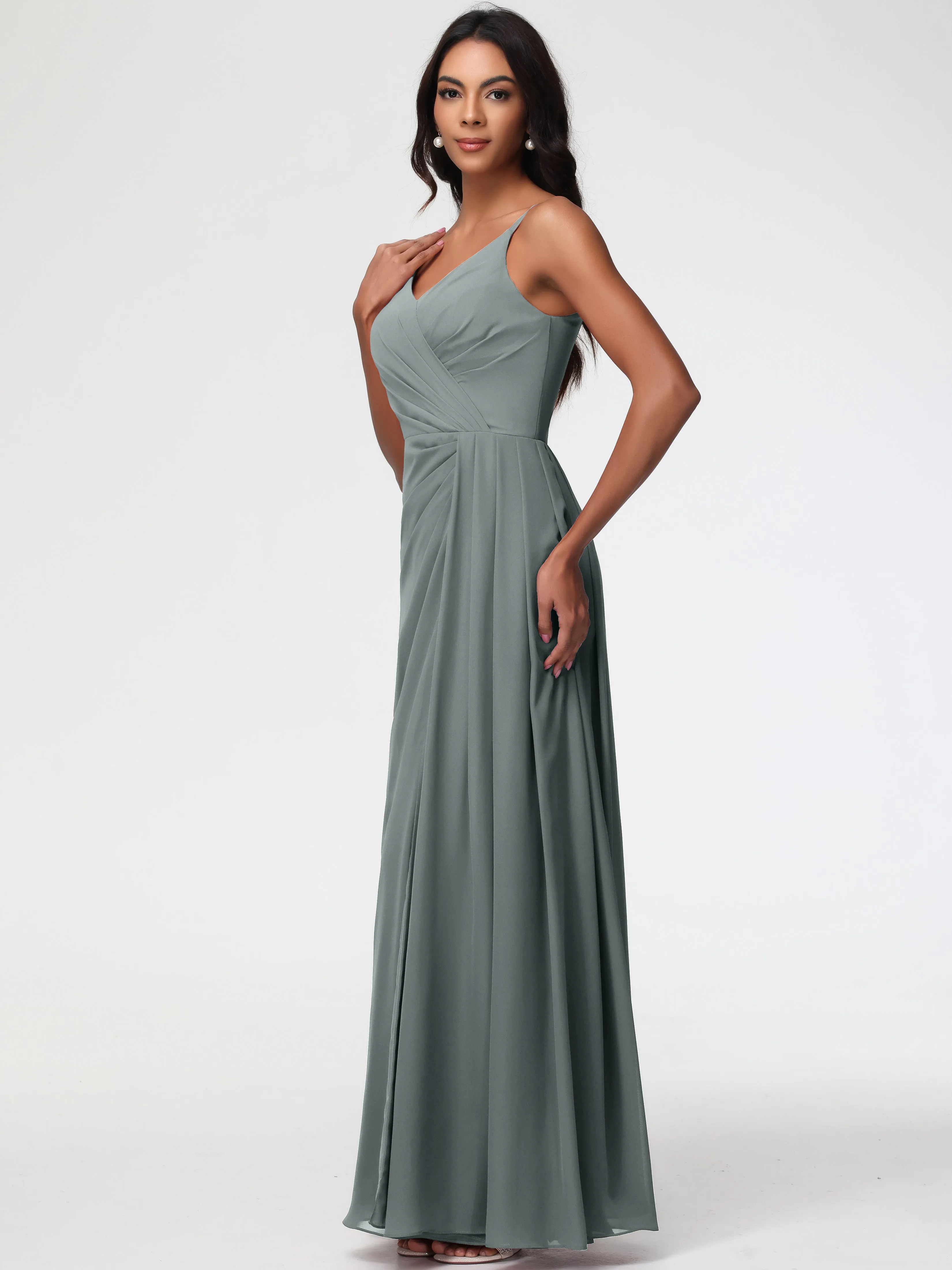 Steel Grey Bridesmaid Dresses A-Line V-Neck Spaghetti Straps Ruched Chiffon Bridesmaid Dresses With Slit