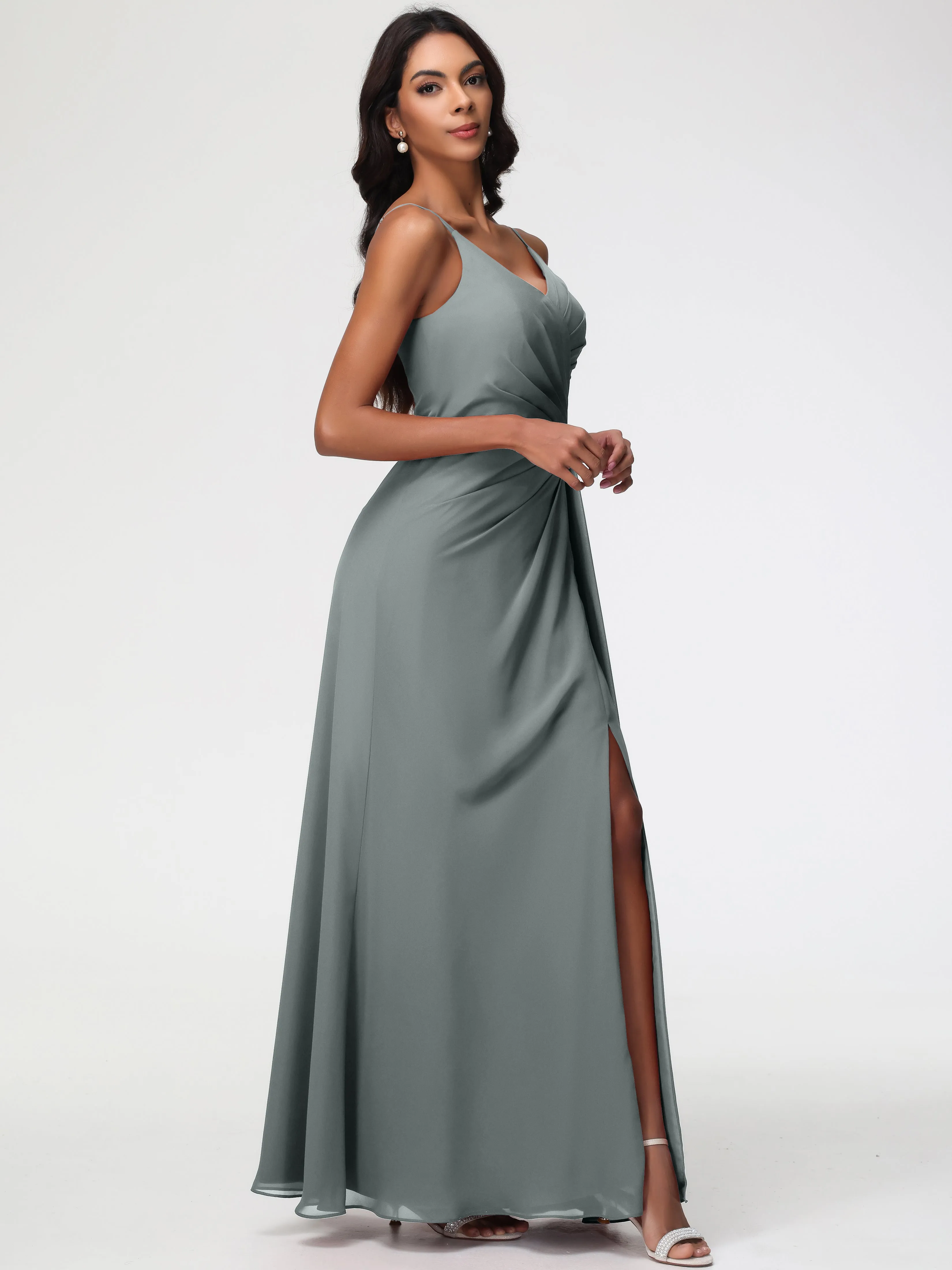 Steel Grey Bridesmaid Dresses A-Line V-Neck Spaghetti Straps Ruched Chiffon Bridesmaid Dresses With Slit