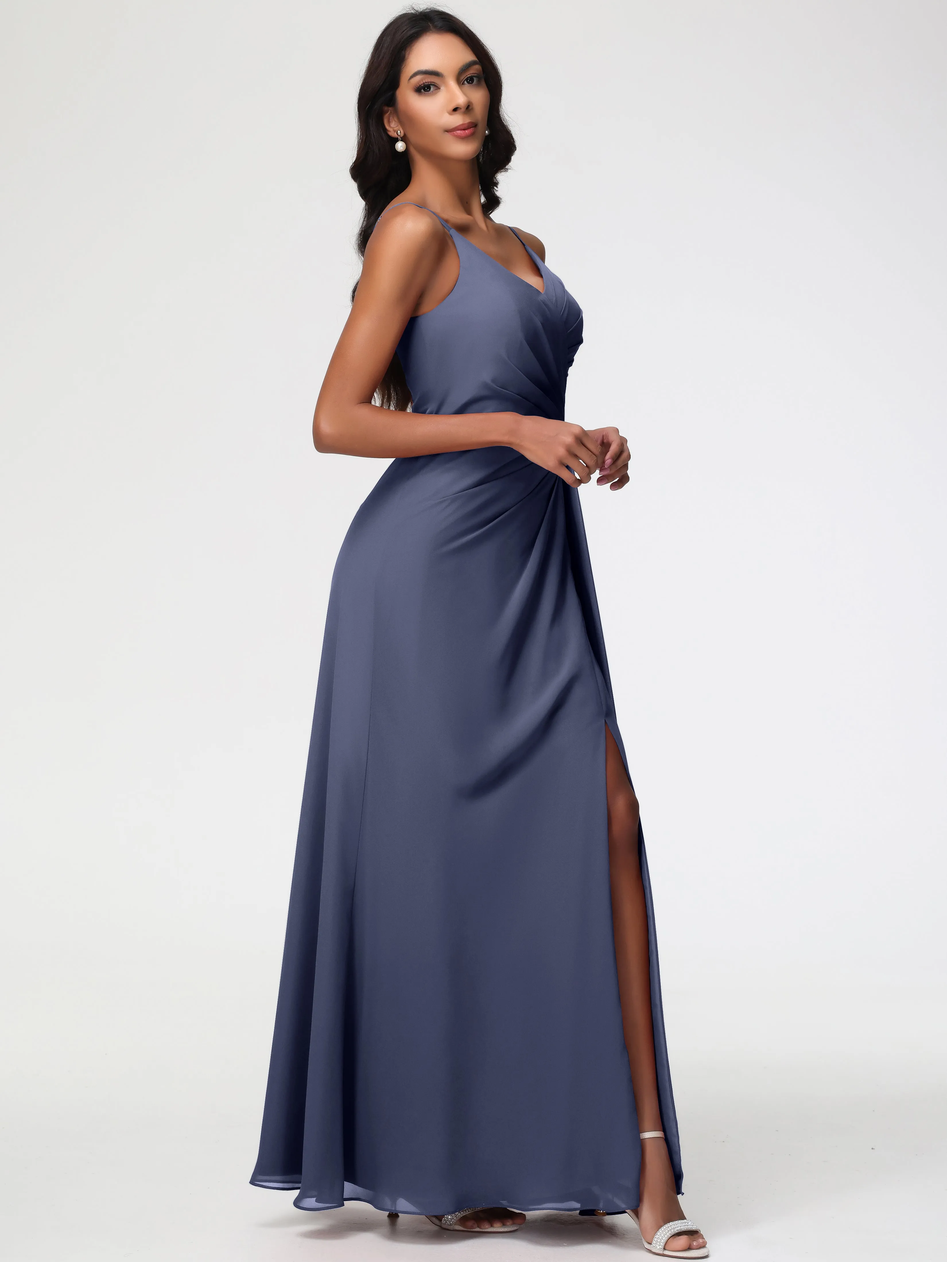 Stormy Color Bridesmaid Dresses A-Line V-Neck Spaghetti Straps Ruched Chiffon Bridesmaid Dresses With Slit