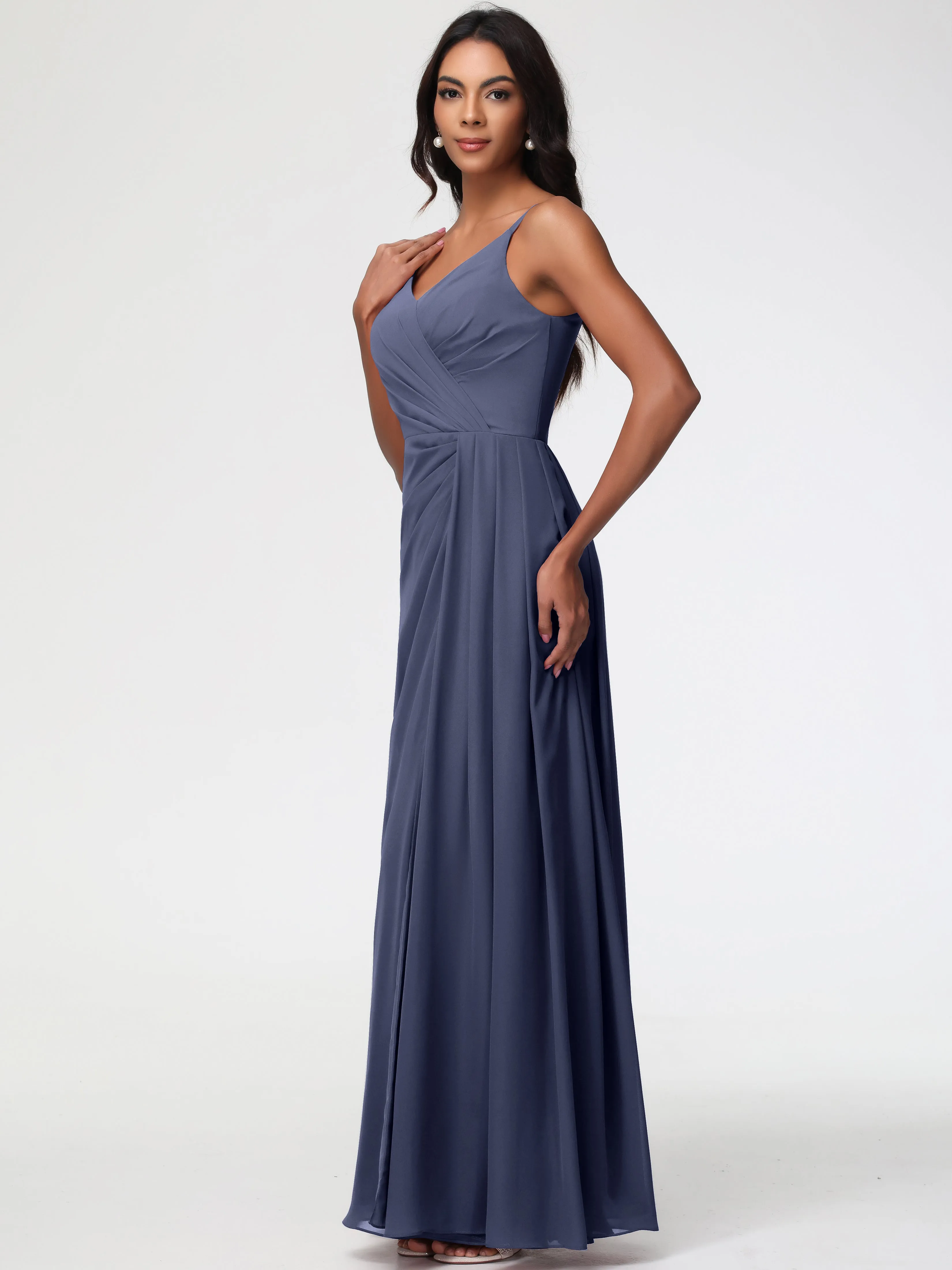 Stormy Color Bridesmaid Dresses A-Line V-Neck Spaghetti Straps Ruched Chiffon Bridesmaid Dresses With Slit
