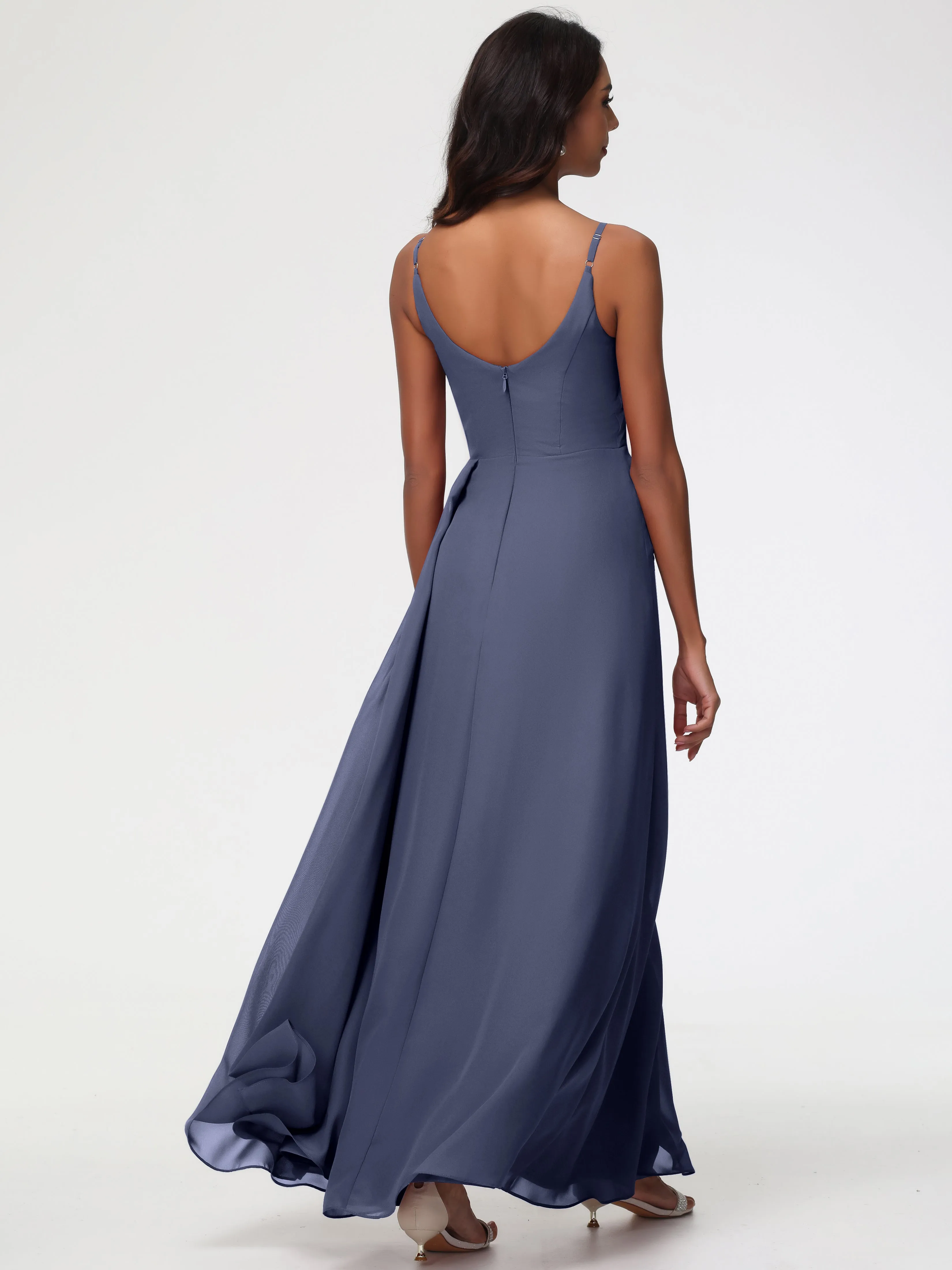 Stormy Color Bridesmaid Dresses A-Line V-Neck Spaghetti Straps Ruched Chiffon Bridesmaid Dresses With Slit