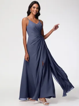 Stormy Color Bridesmaid Dresses A-Line V-Neck Spaghetti Straps Ruched Chiffon Bridesmaid Dresses With Slit