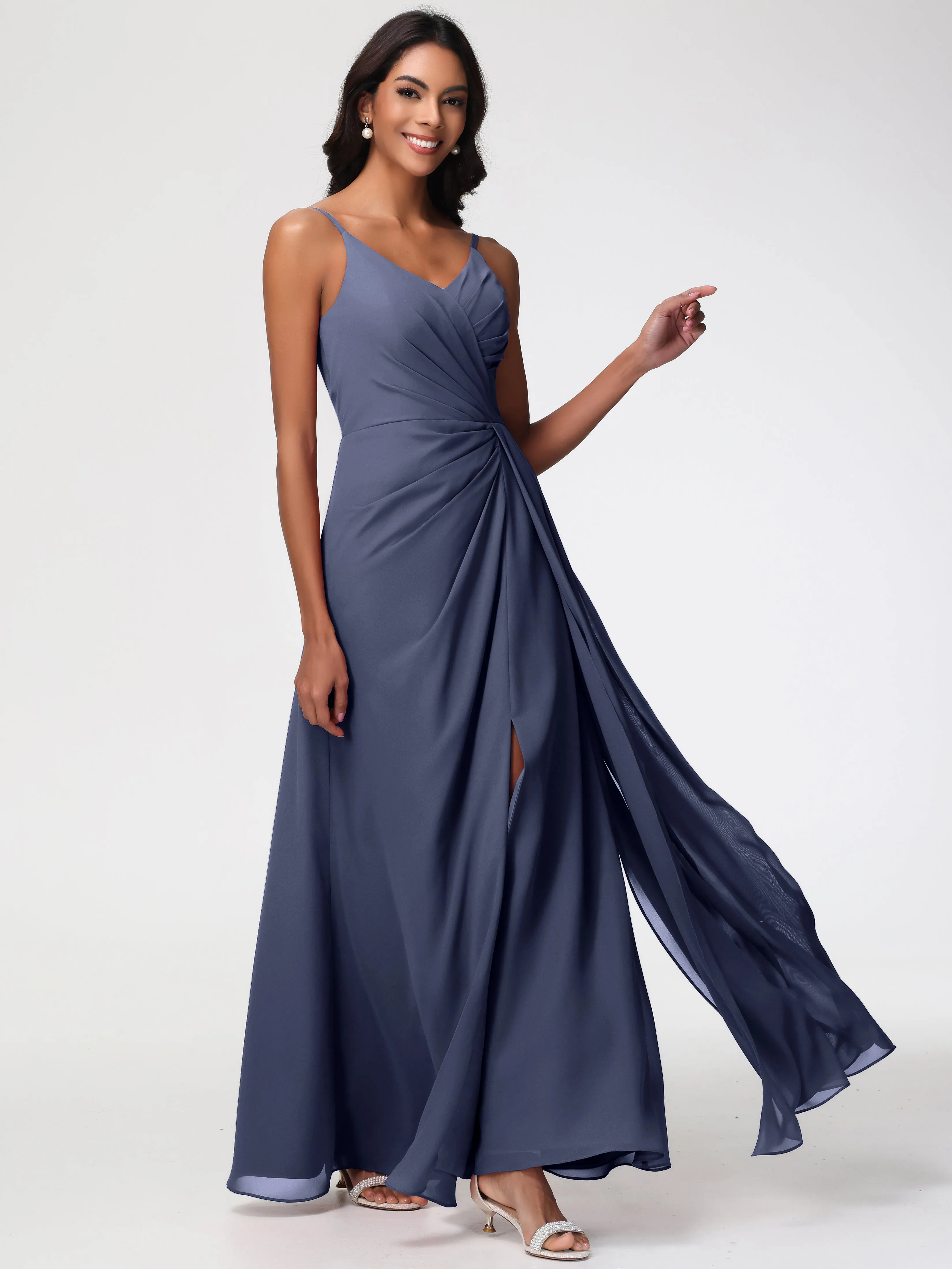 Stormy Color Bridesmaid Dresses A-Line V-Neck Spaghetti Straps Ruched Chiffon Bridesmaid Dresses With Slit