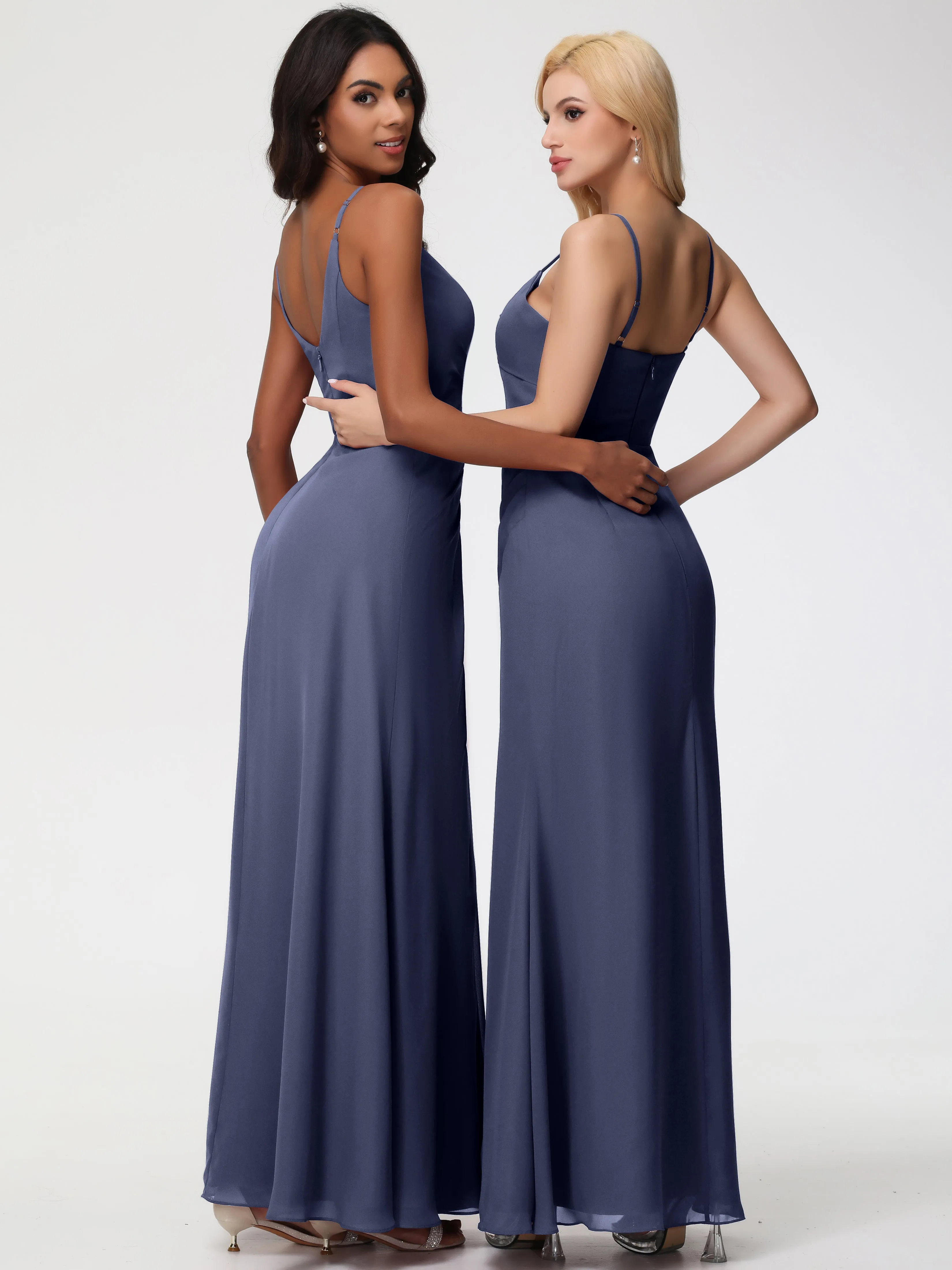 Stormy Color Bridesmaid Dresses A-Line V-Neck Spaghetti Straps Ruched Chiffon Bridesmaid Dresses With Slit