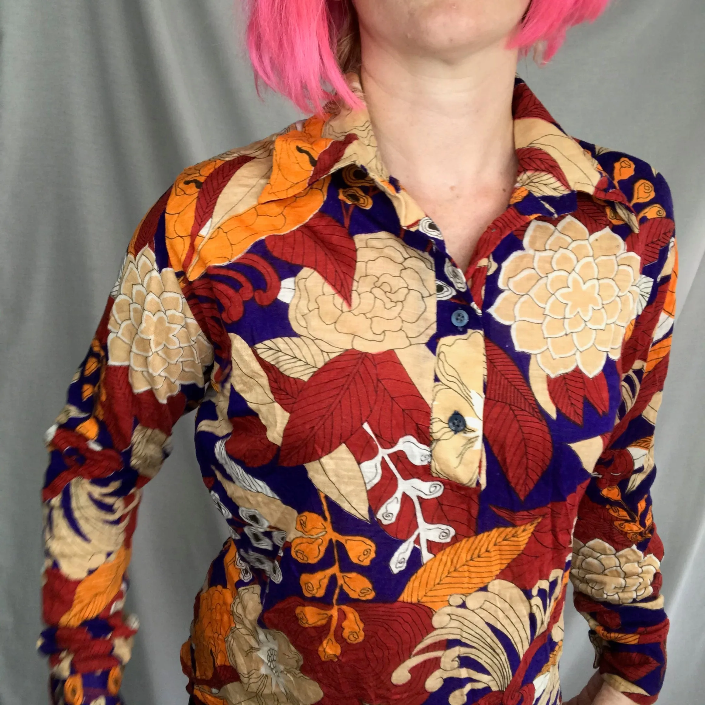 Vintage 60s 70s | Novelty Floral Psychedelic Mod Boho Disco Blouse Shirt Top | M
