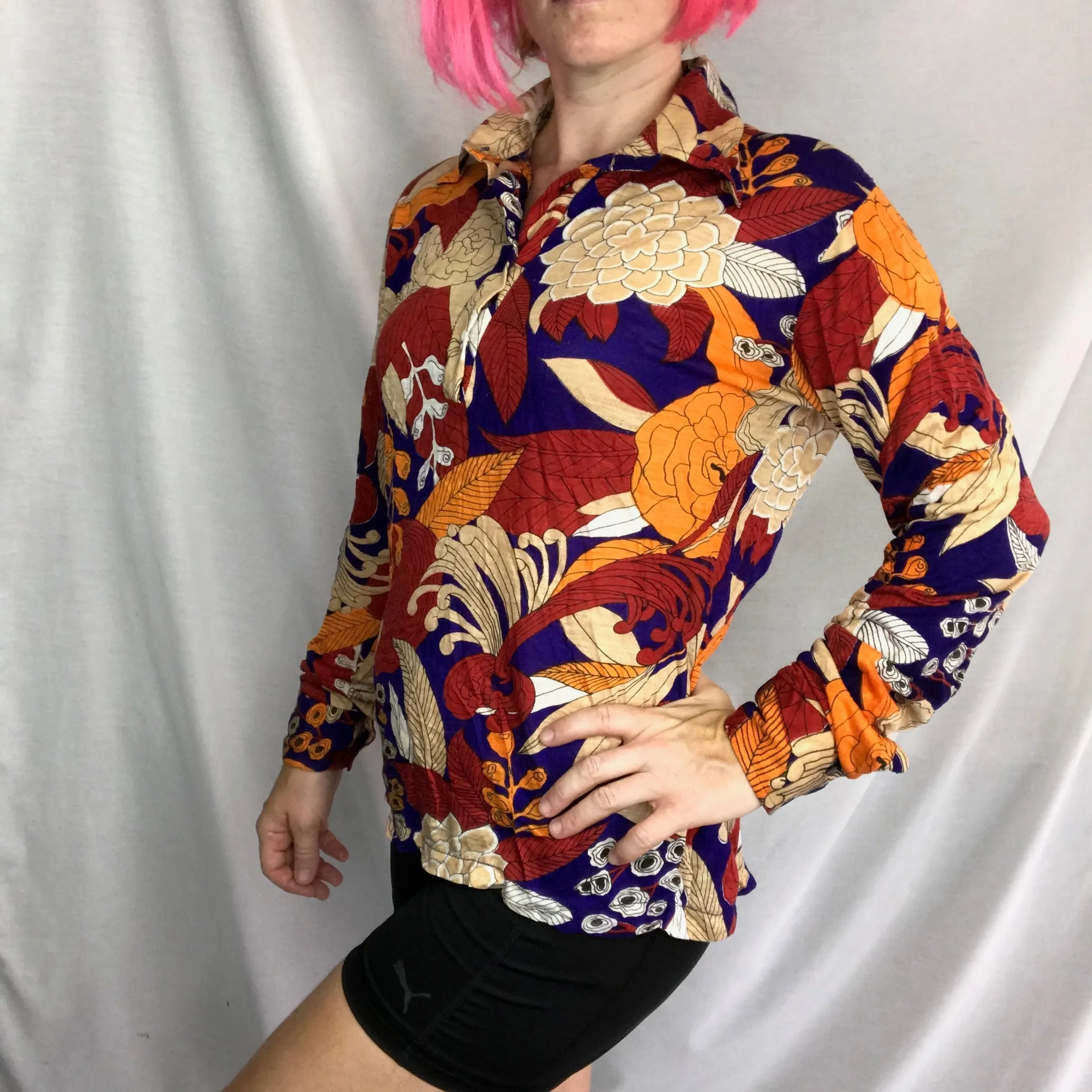 Vintage 60s 70s | Novelty Floral Psychedelic Mod Boho Disco Blouse Shirt Top | M