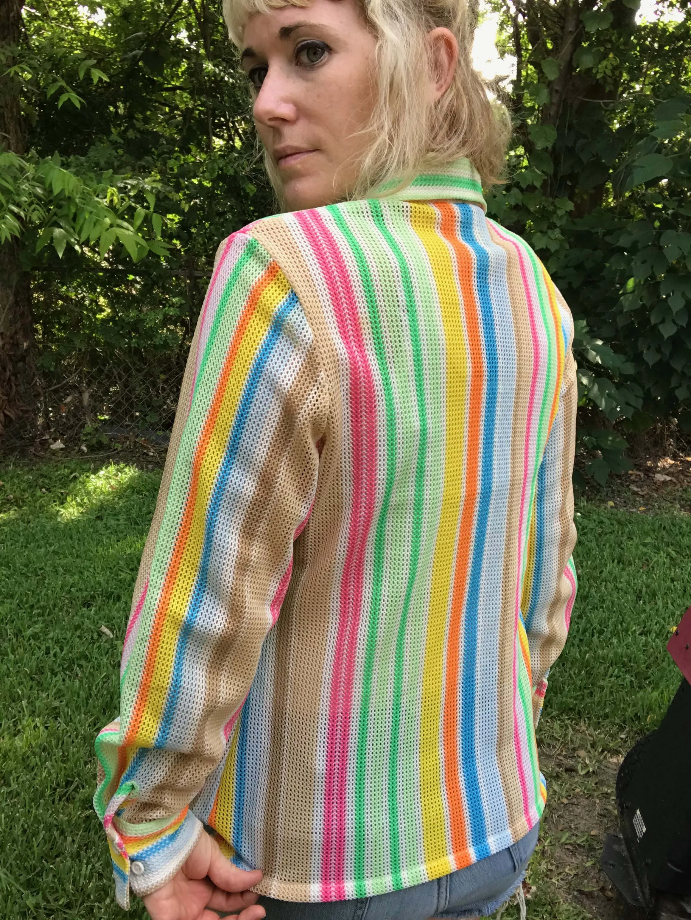 Vintage 60s 70s | Rainbow Stripe Novelty Dagger Collar Mod Disco Shirt Top | M
