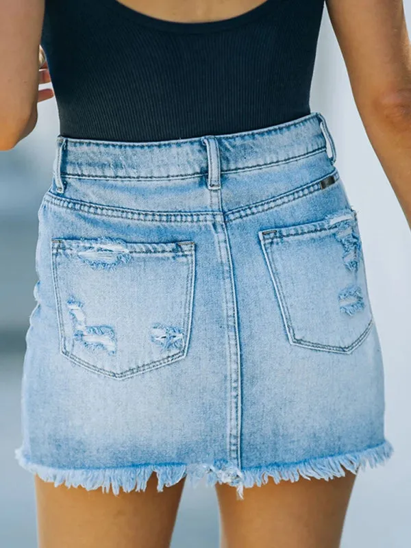 Women's Casual Frayed Short Denim Skirt