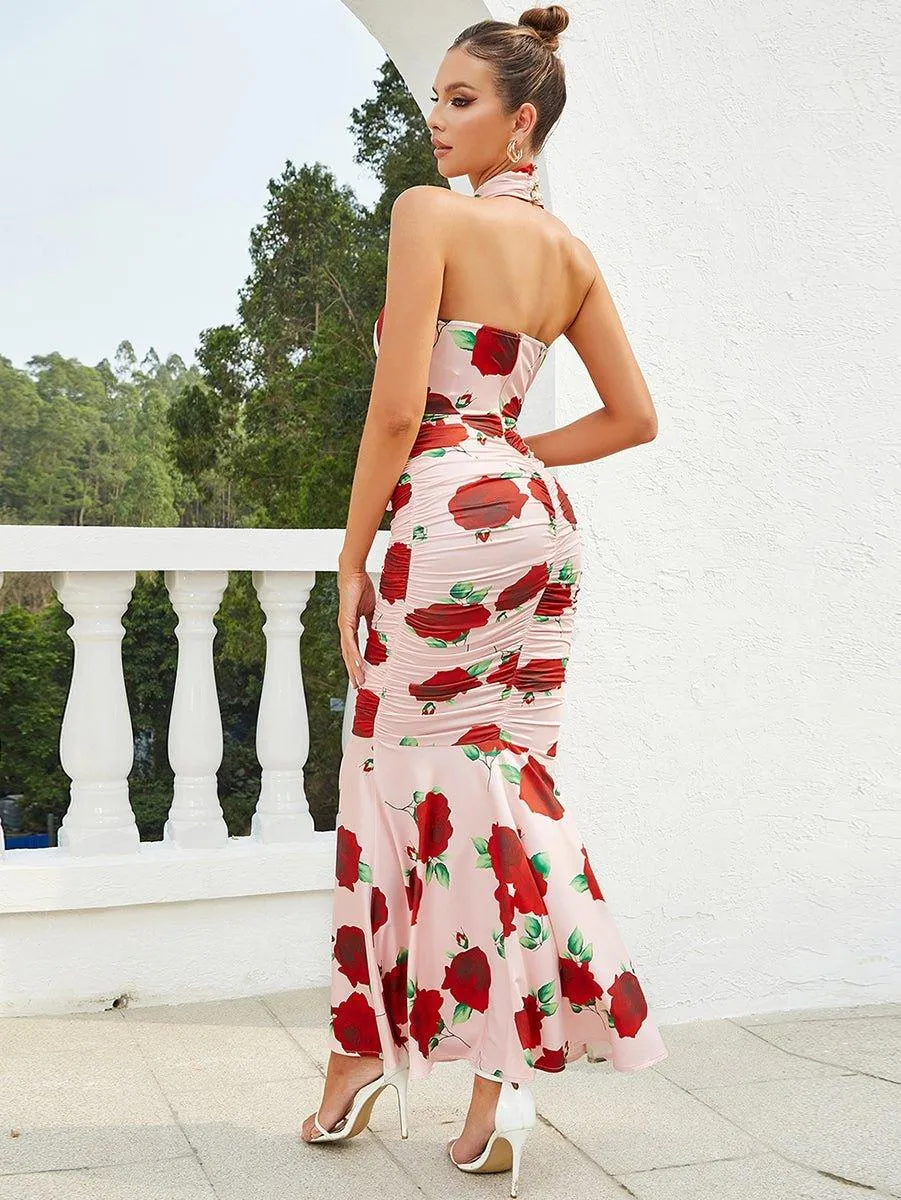 Women's Floral Halter Maxi Bodycon Dress - GFIT Sleeveless Summer Wear