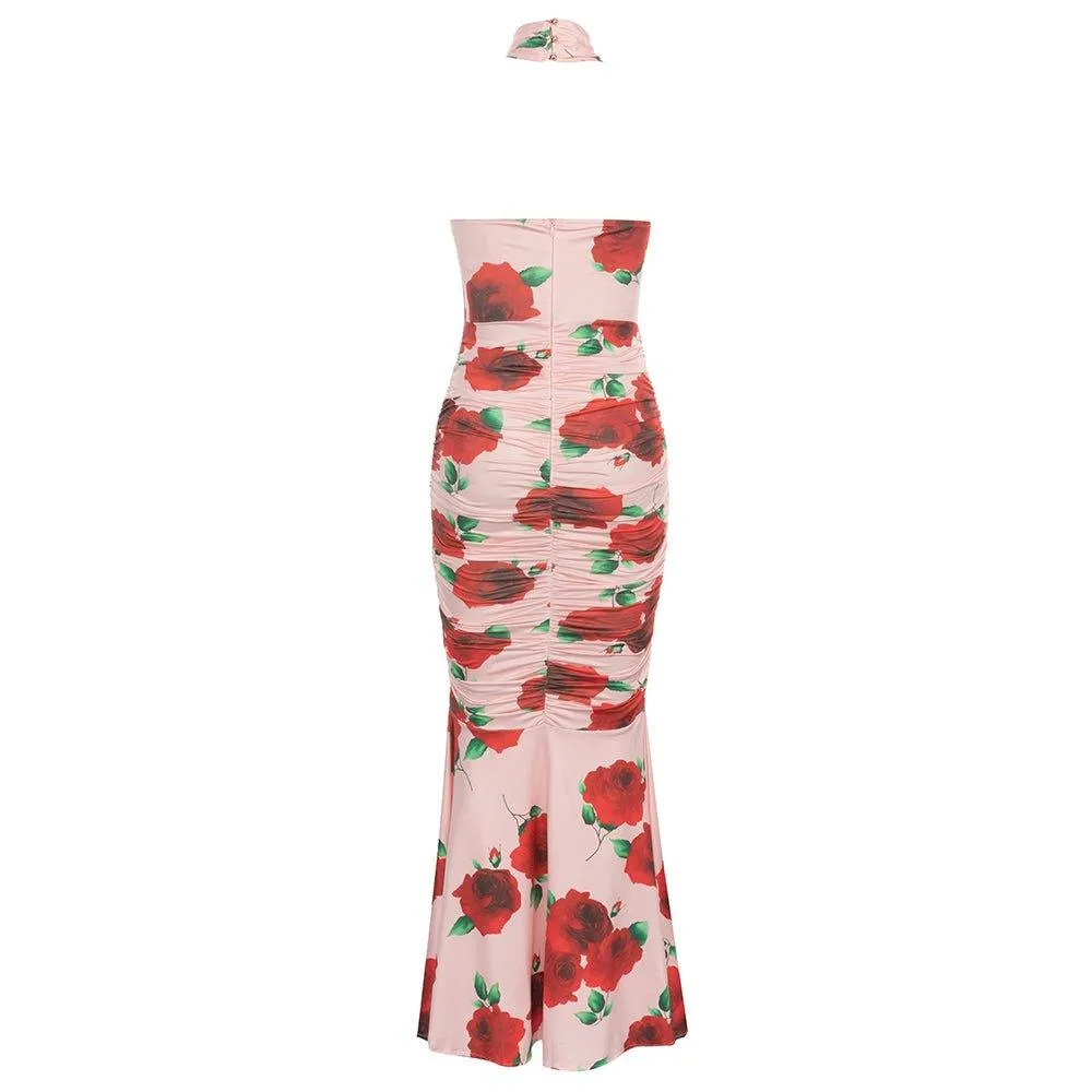 Women's Floral Halter Maxi Bodycon Dress - GFIT Sleeveless Summer Wear