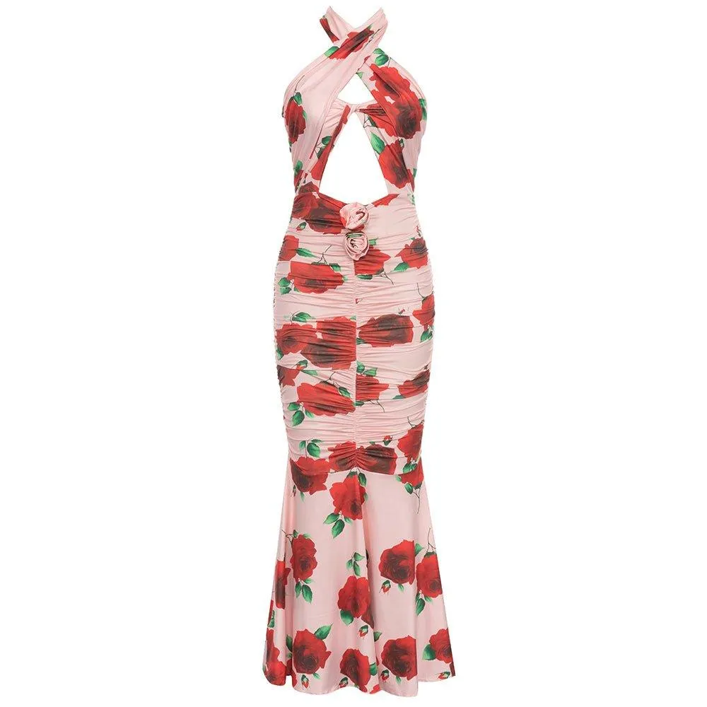 Women's Floral Halter Maxi Bodycon Dress - GFIT Sleeveless Summer Wear